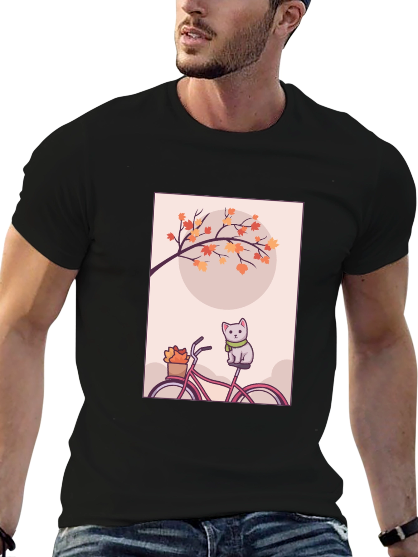 Cute Cat on Bike T-Shirt - Autumn Vibes