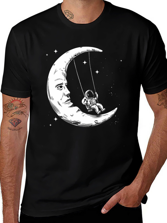 Astronaut Moon Swing Graphic T-Shirt - Black Cotton Tee