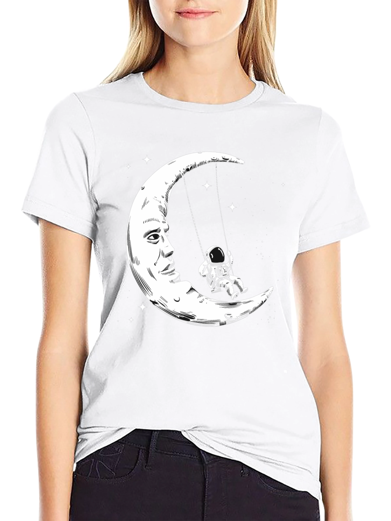 Astronaut Moon Swing Graphic T-Shirt - Black Cotton Tee