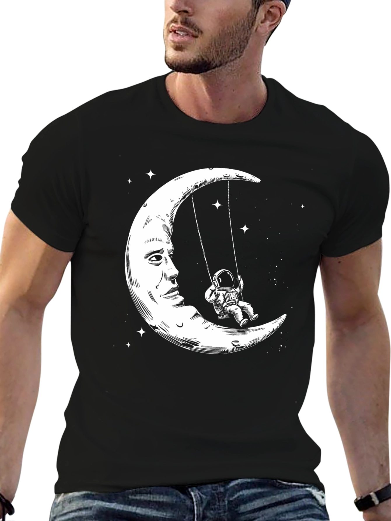 Astronaut Moon Swing Graphic T-Shirt - Black Cotton Tee