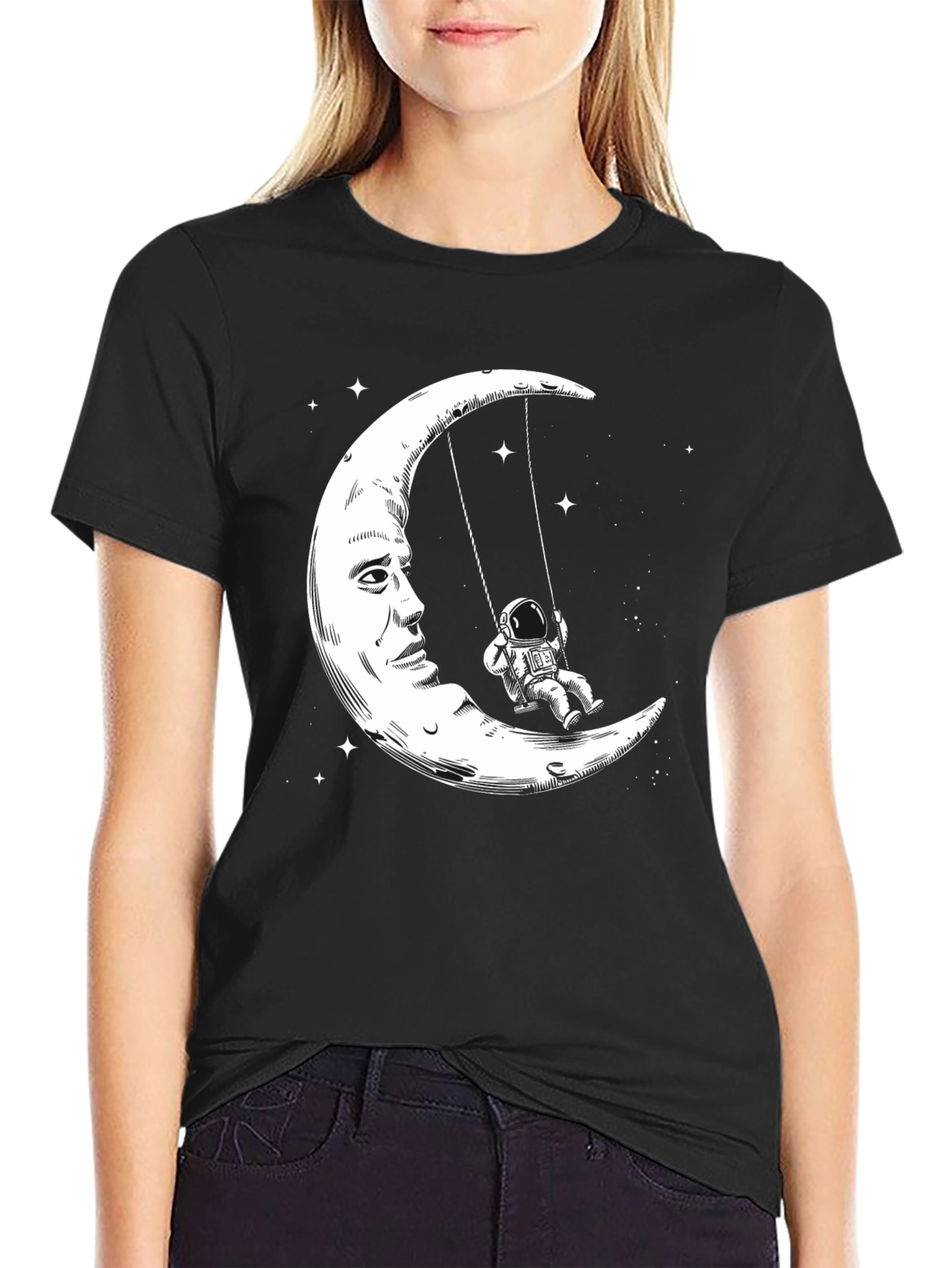 Astronaut Moon Swing Graphic T-Shirt - Black Cotton Tee