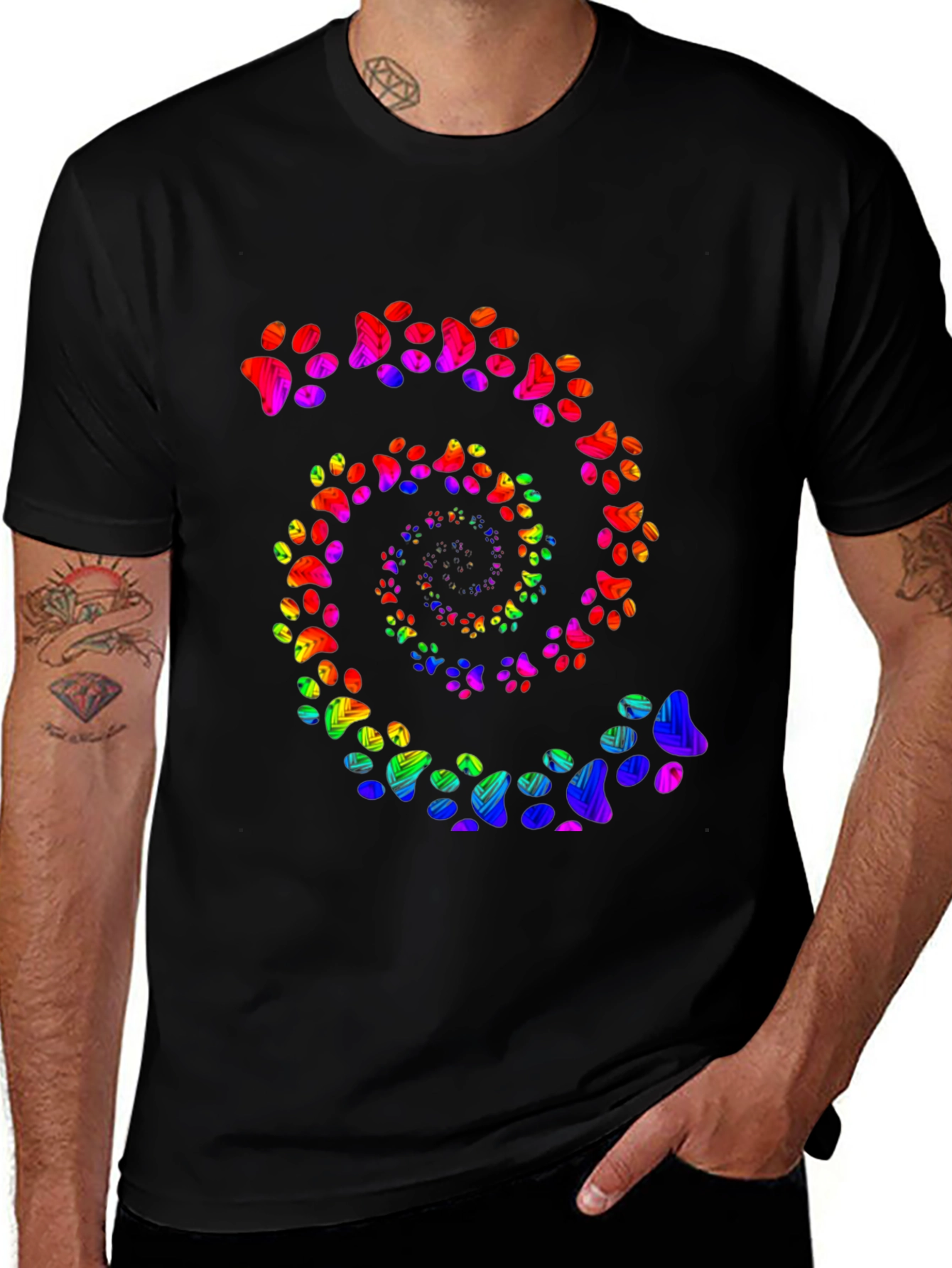 Rainbow Paw Print Spiral Black T-Shirt