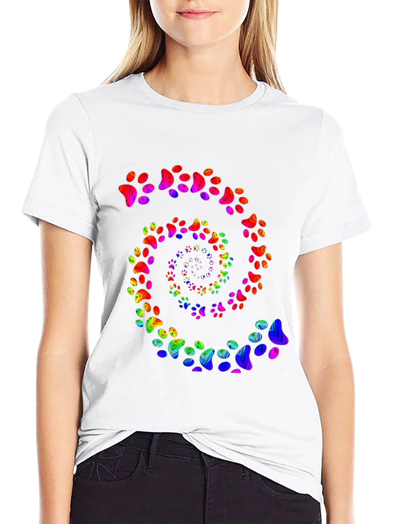 Rainbow Paw Print Spiral Black T-Shirt
