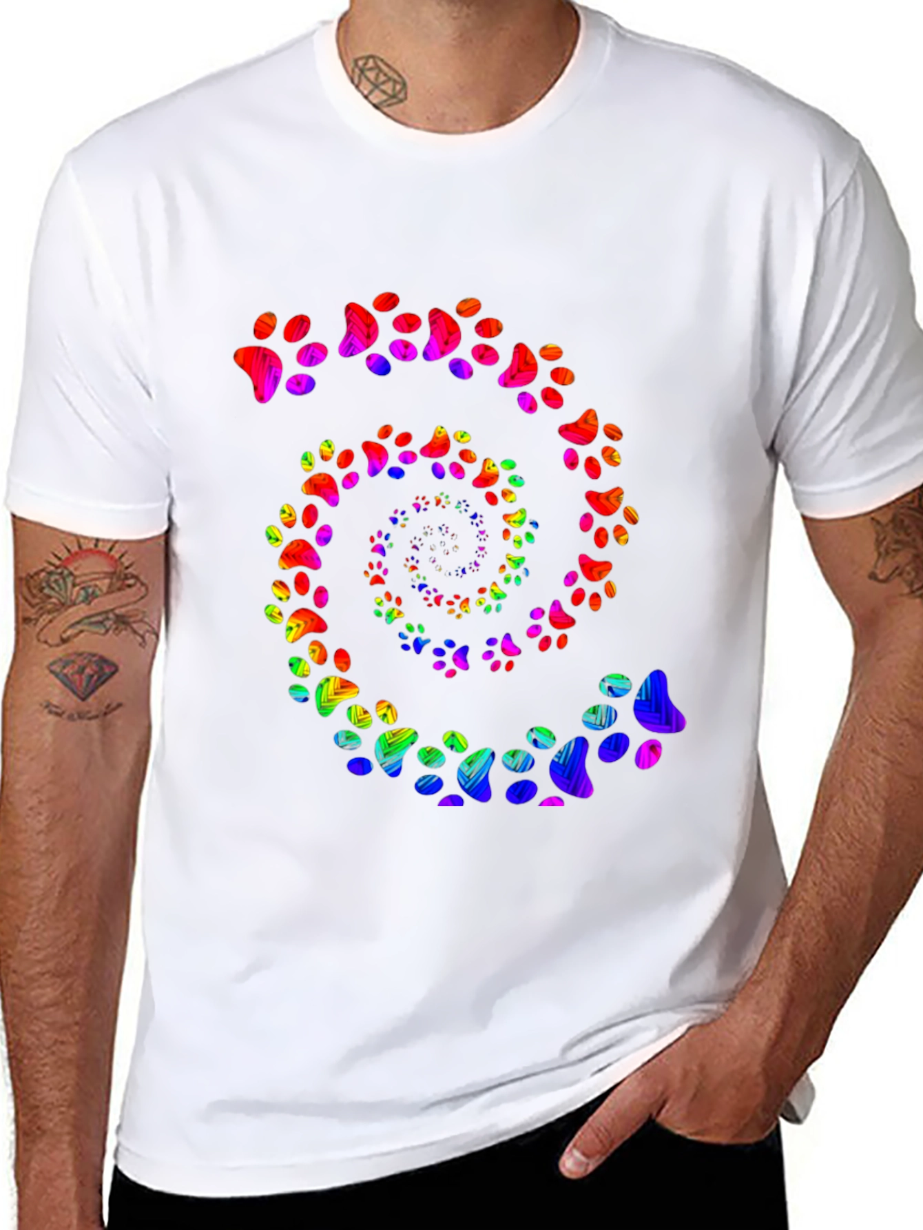 Rainbow Paw Print Spiral Black T-Shirt
