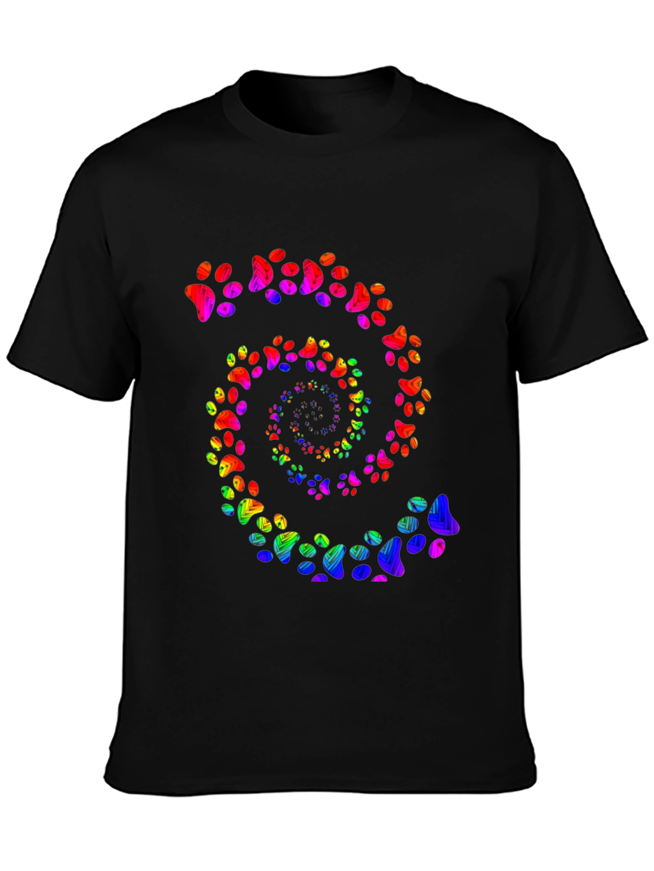 Rainbow Paw Print Spiral Black T-Shirt