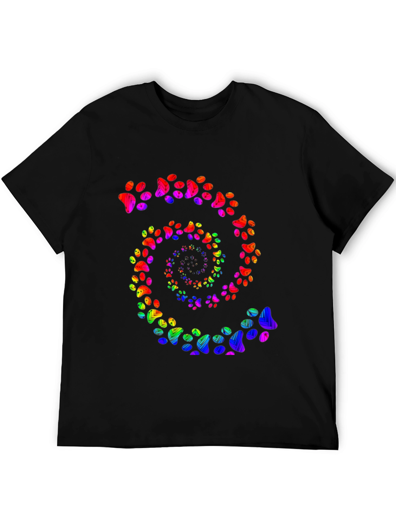 Rainbow Paw Print Spiral Black T-Shirt