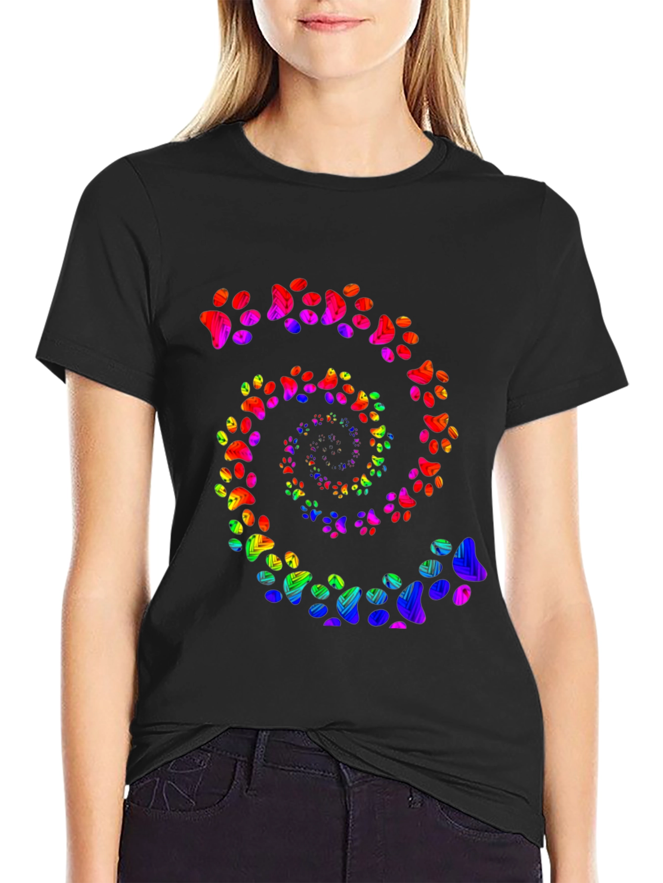 Rainbow Paw Print Spiral Black T-Shirt