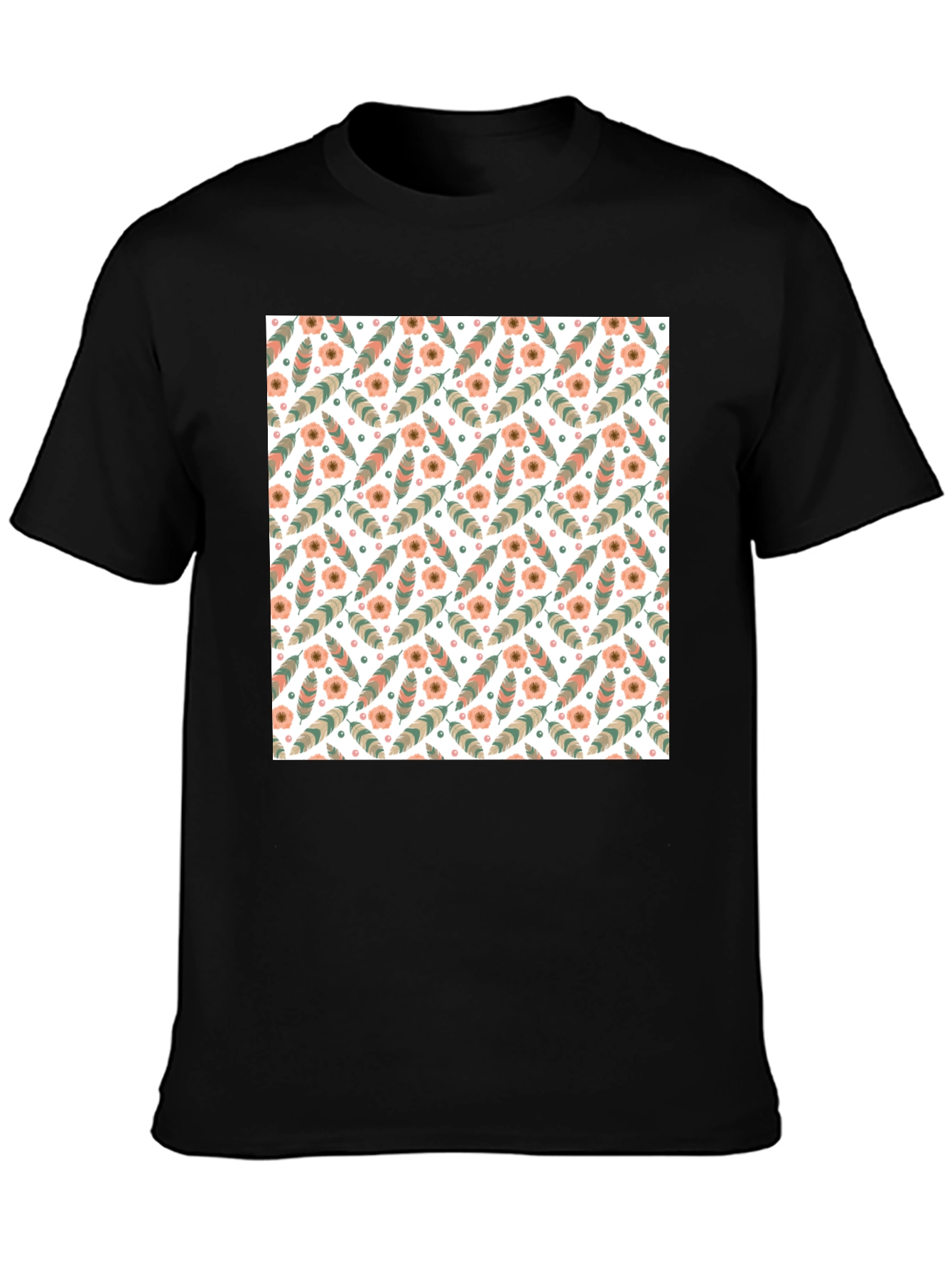 Floral Feather Pattern Mens Black T-Shirt