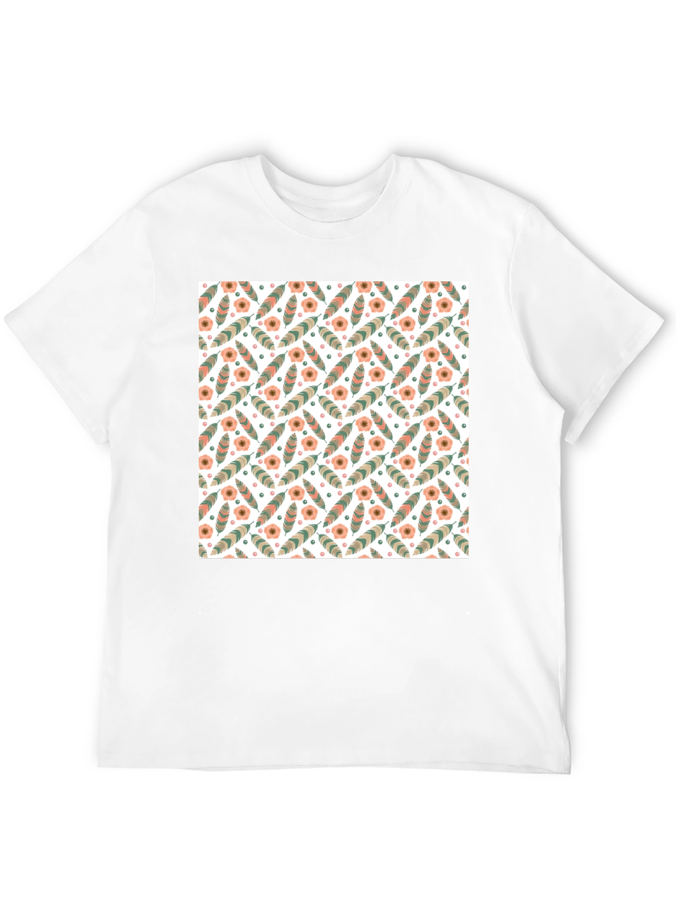 Floral Feather Pattern Mens Black T-Shirt