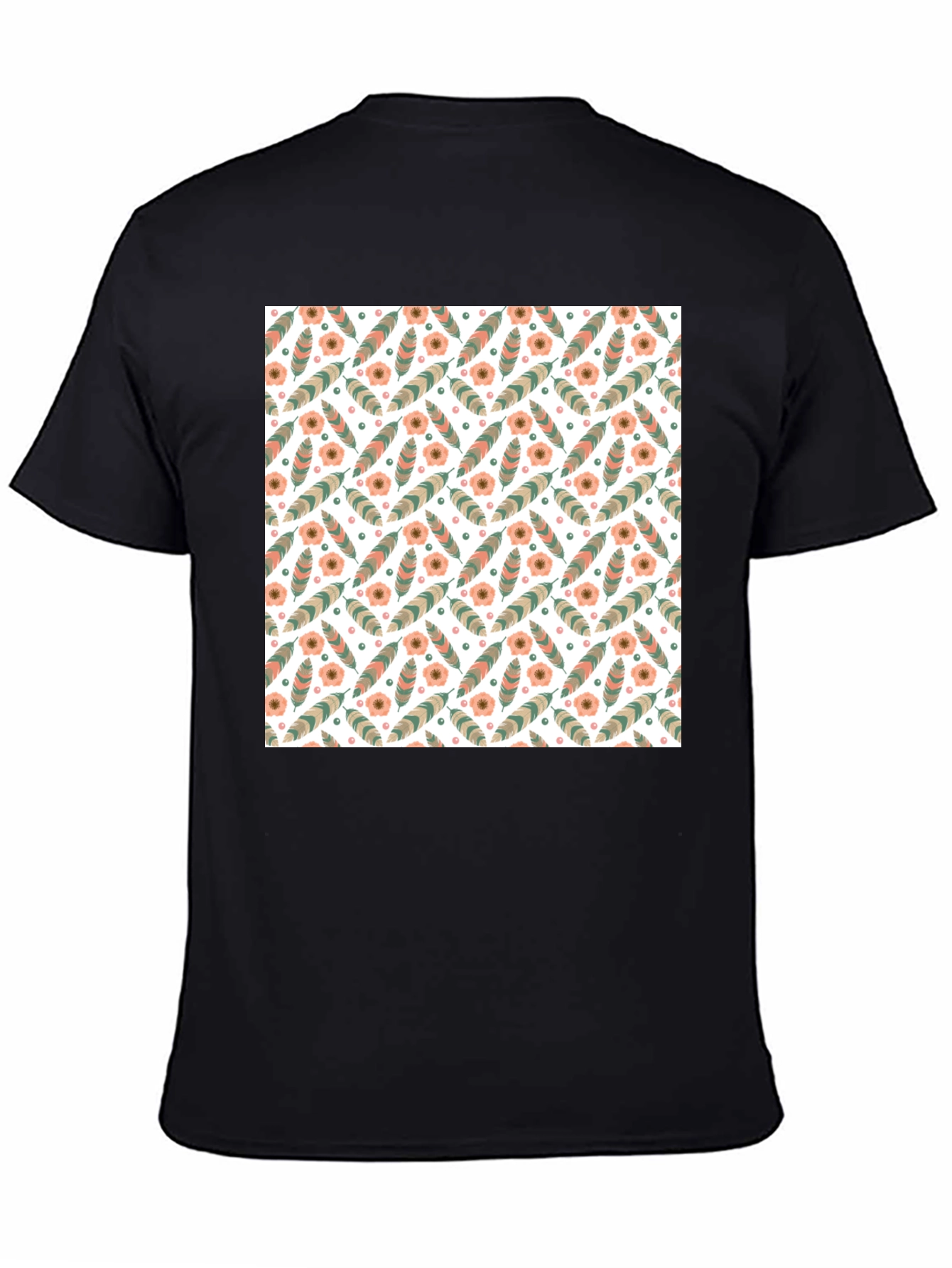 Floral Feather Pattern Mens Black T-Shirt