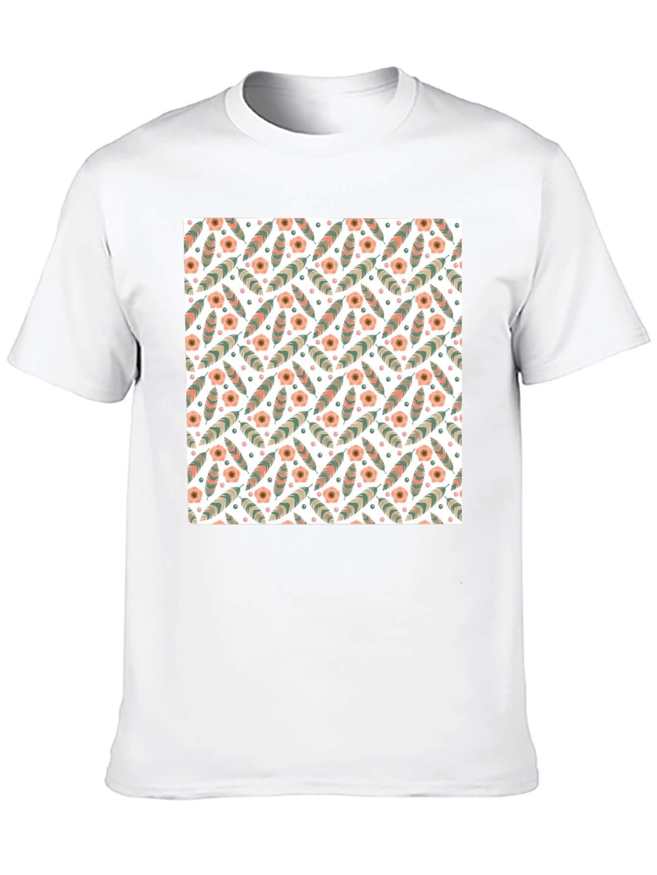 Floral Feather Pattern Mens Black T-Shirt
