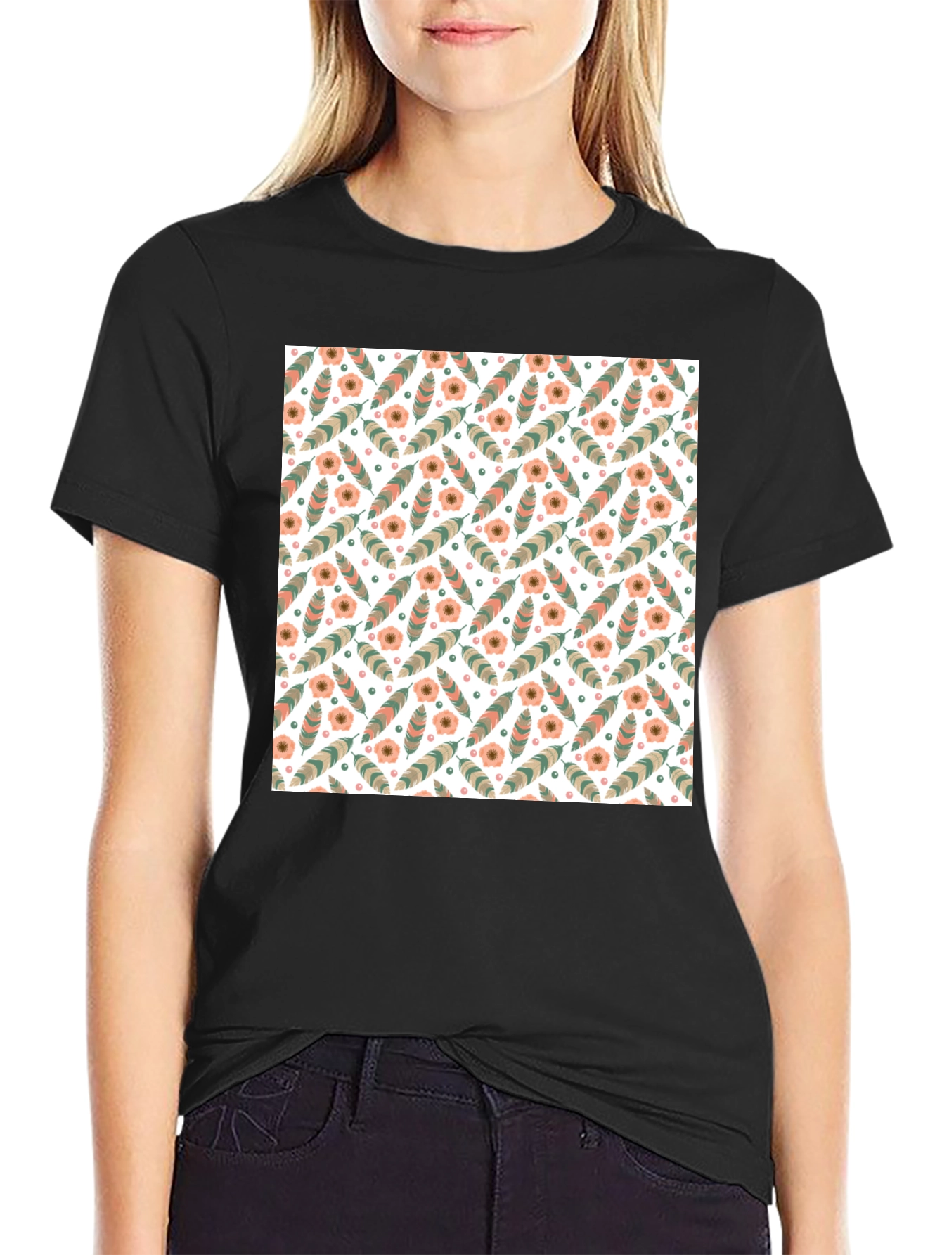 Floral Feather Pattern Mens Black T-Shirt
