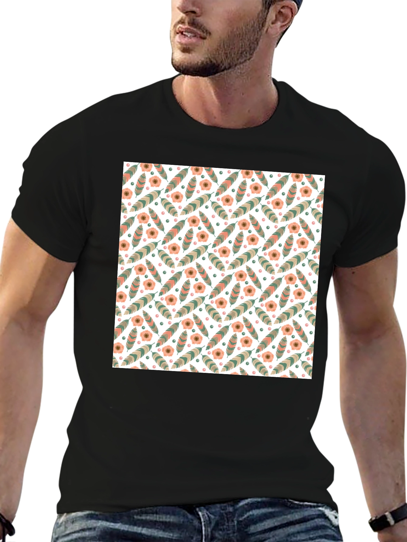Floral Feather Pattern Mens Black T-Shirt