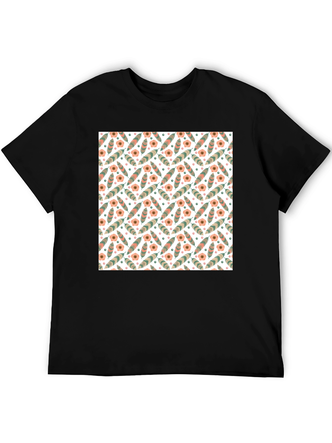 Floral Feather Pattern Mens Black T-Shirt