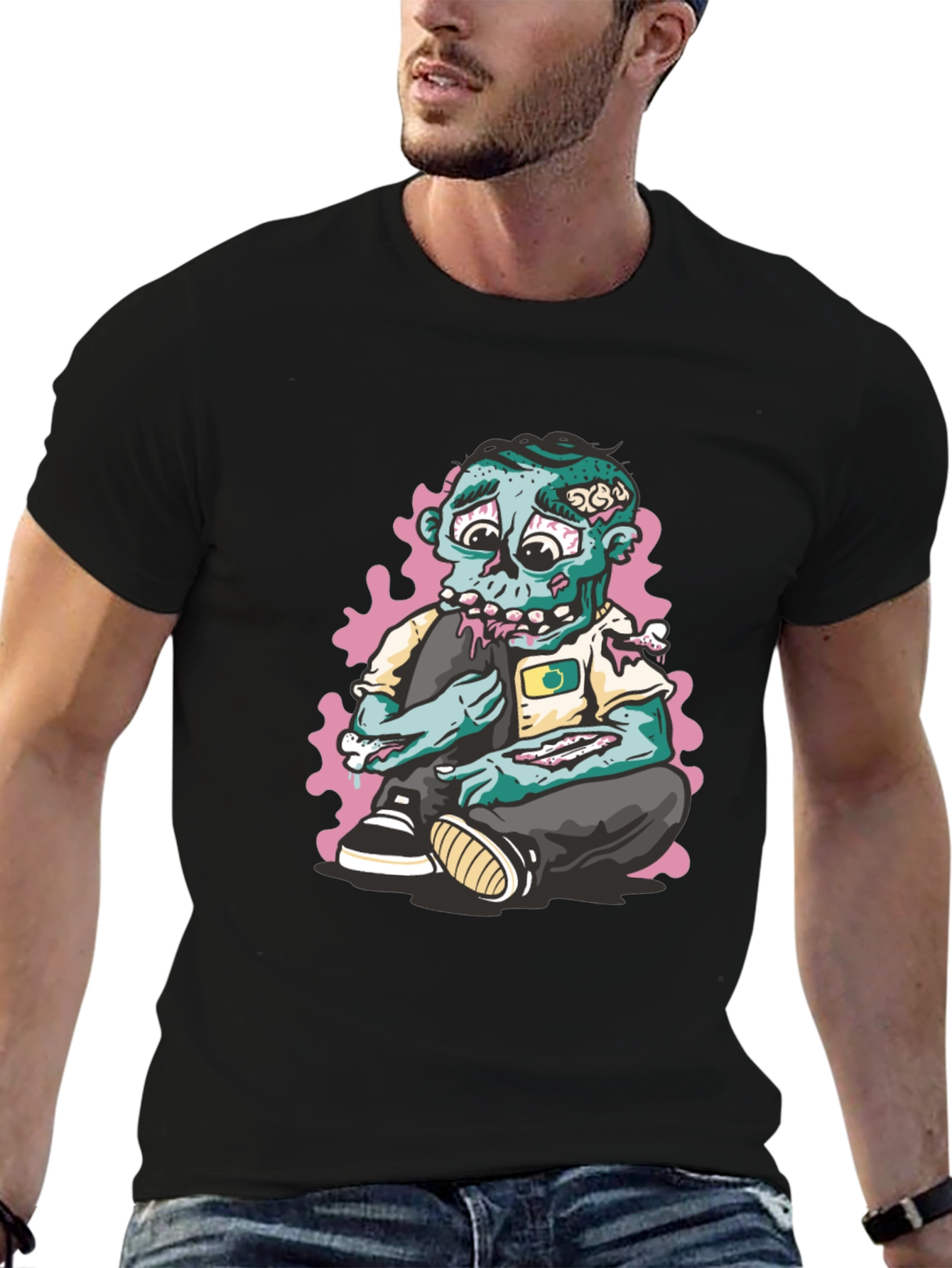 Zombie Cartoon Graphic Print Black T-Shirt