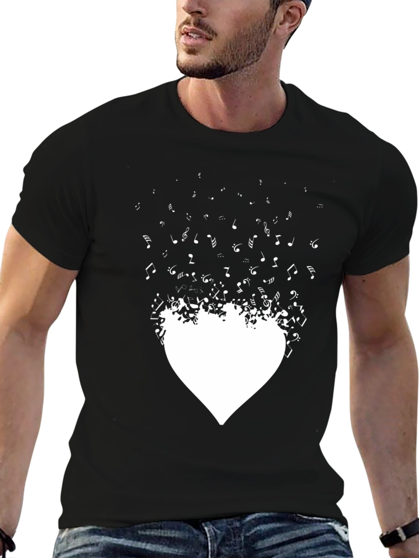 Musical Heartbeat Graphic Tee - Stylish Black Cotton T-Shirt