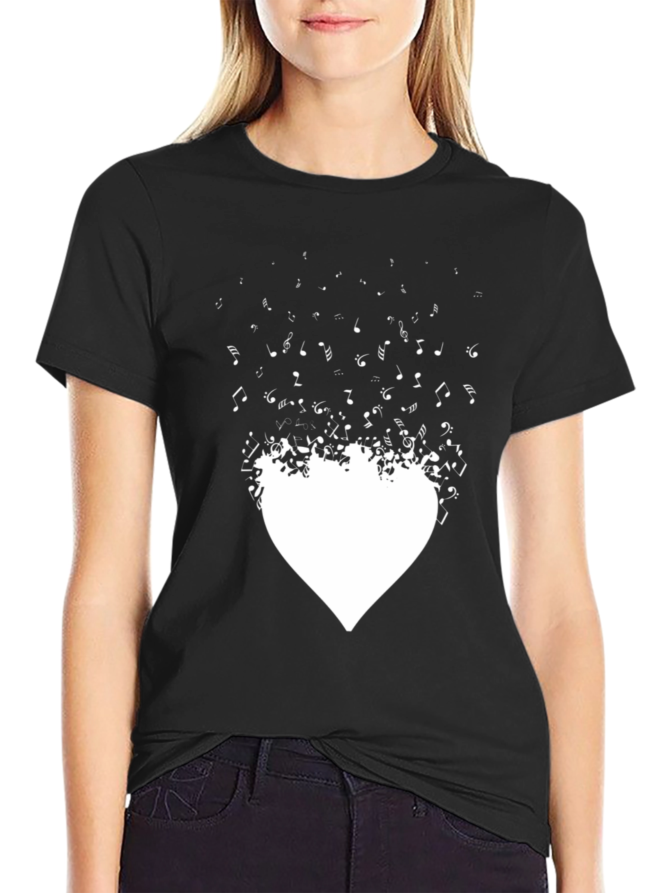 Musical Heartbeat Graphic Tee - Stylish Black Cotton T-Shirt