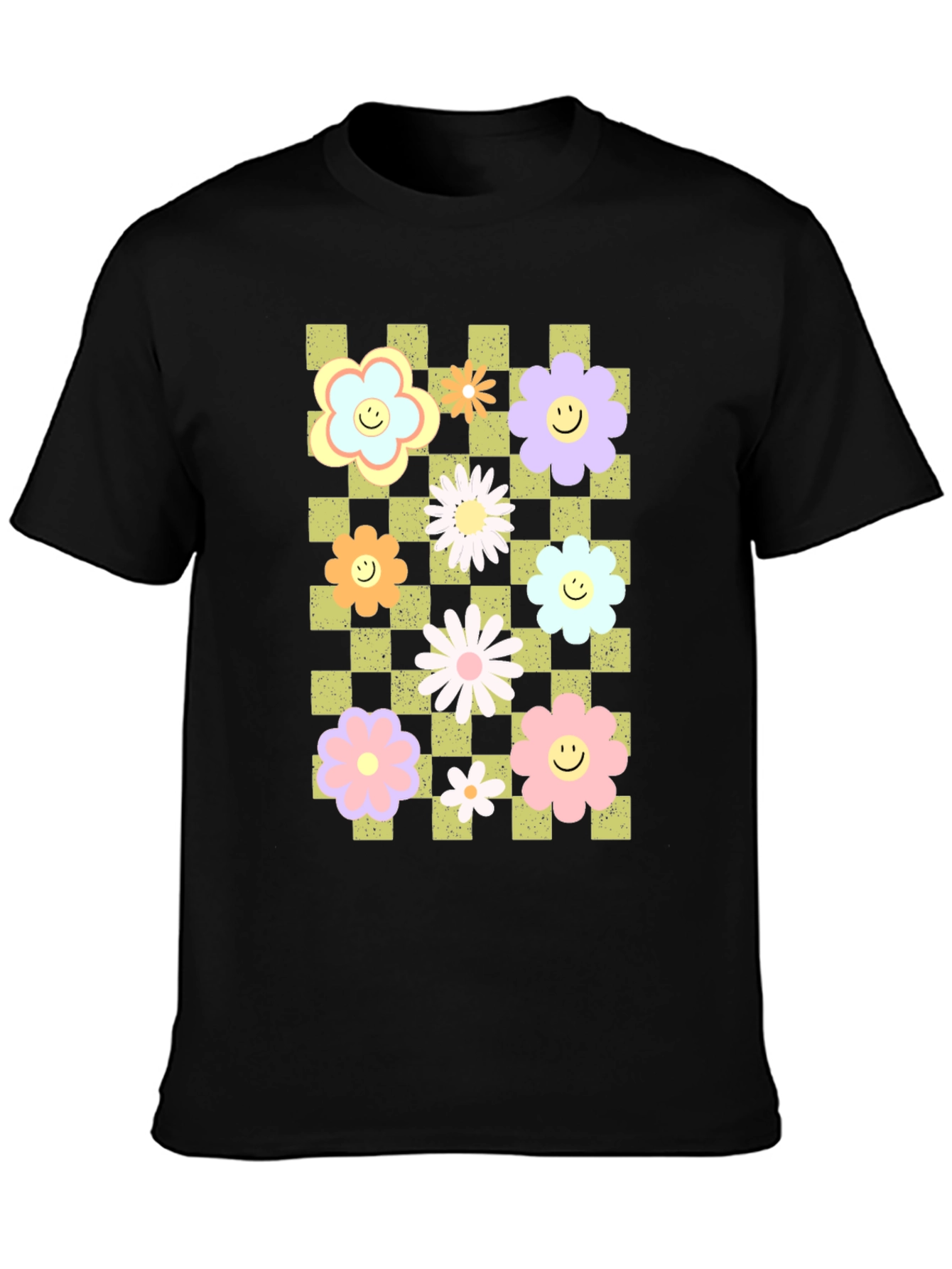 Retro Floral Checkered Smile T-Shirt