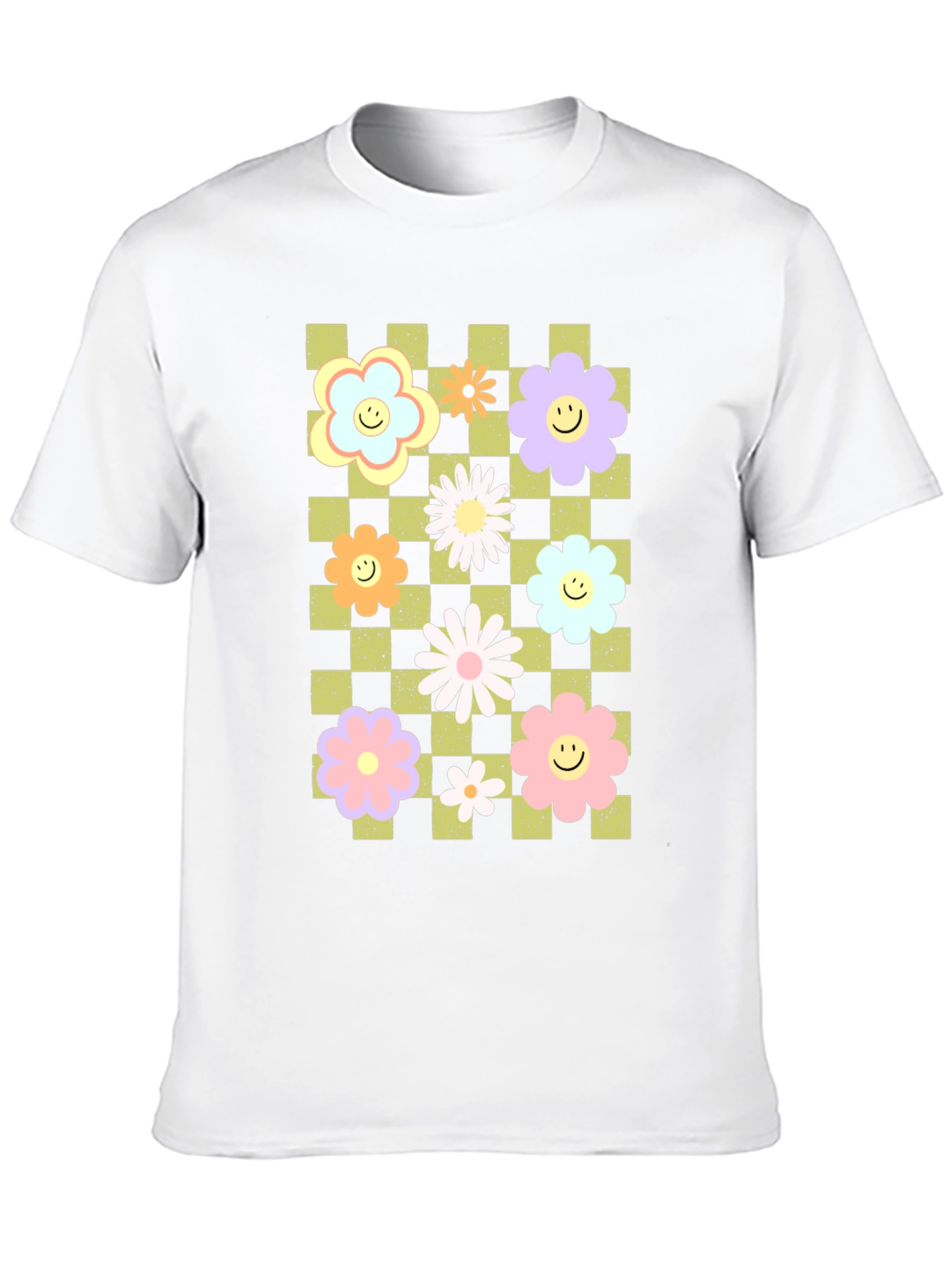 Retro Floral Checkered Smile T-Shirt