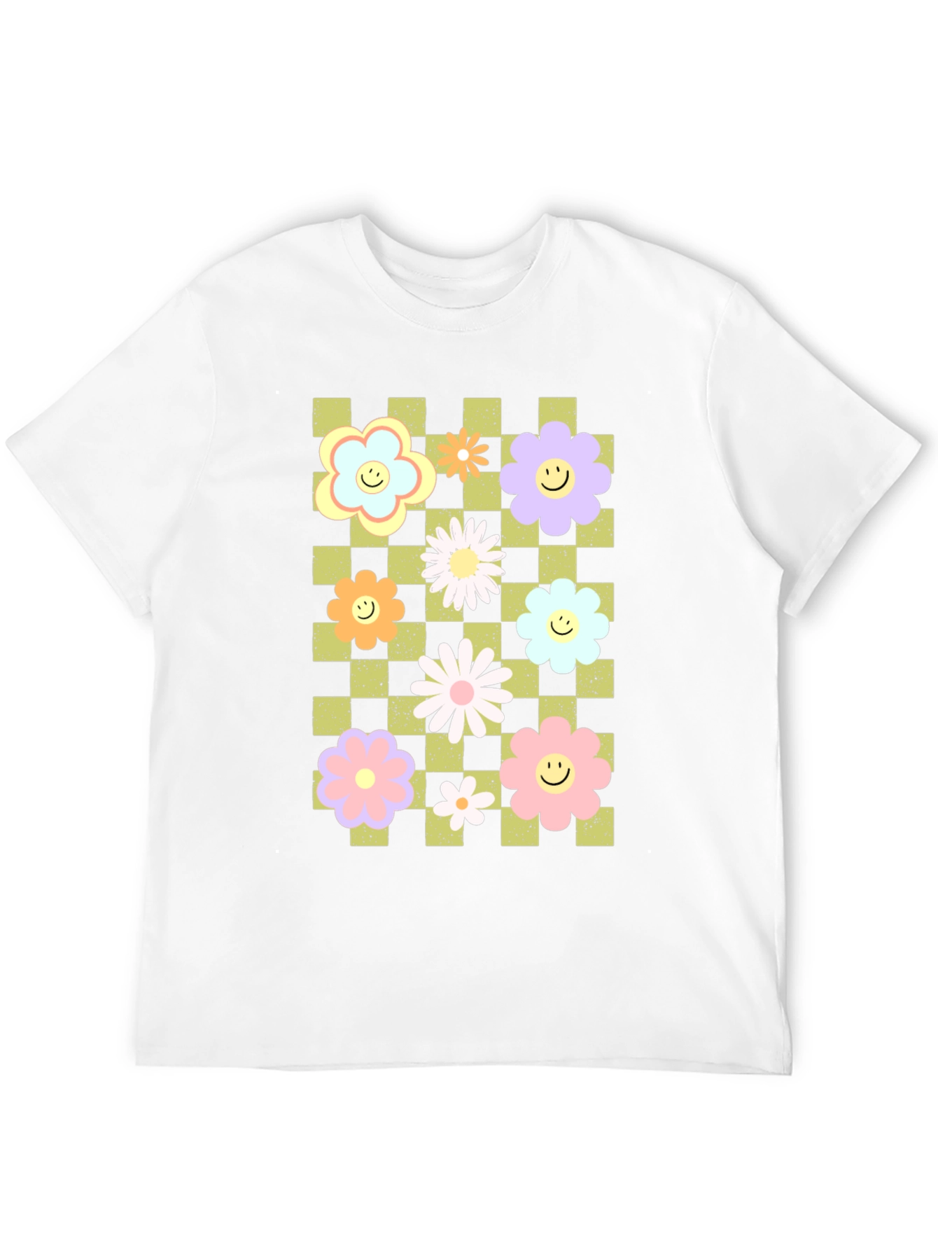 Retro Floral Checkered Smile T-Shirt