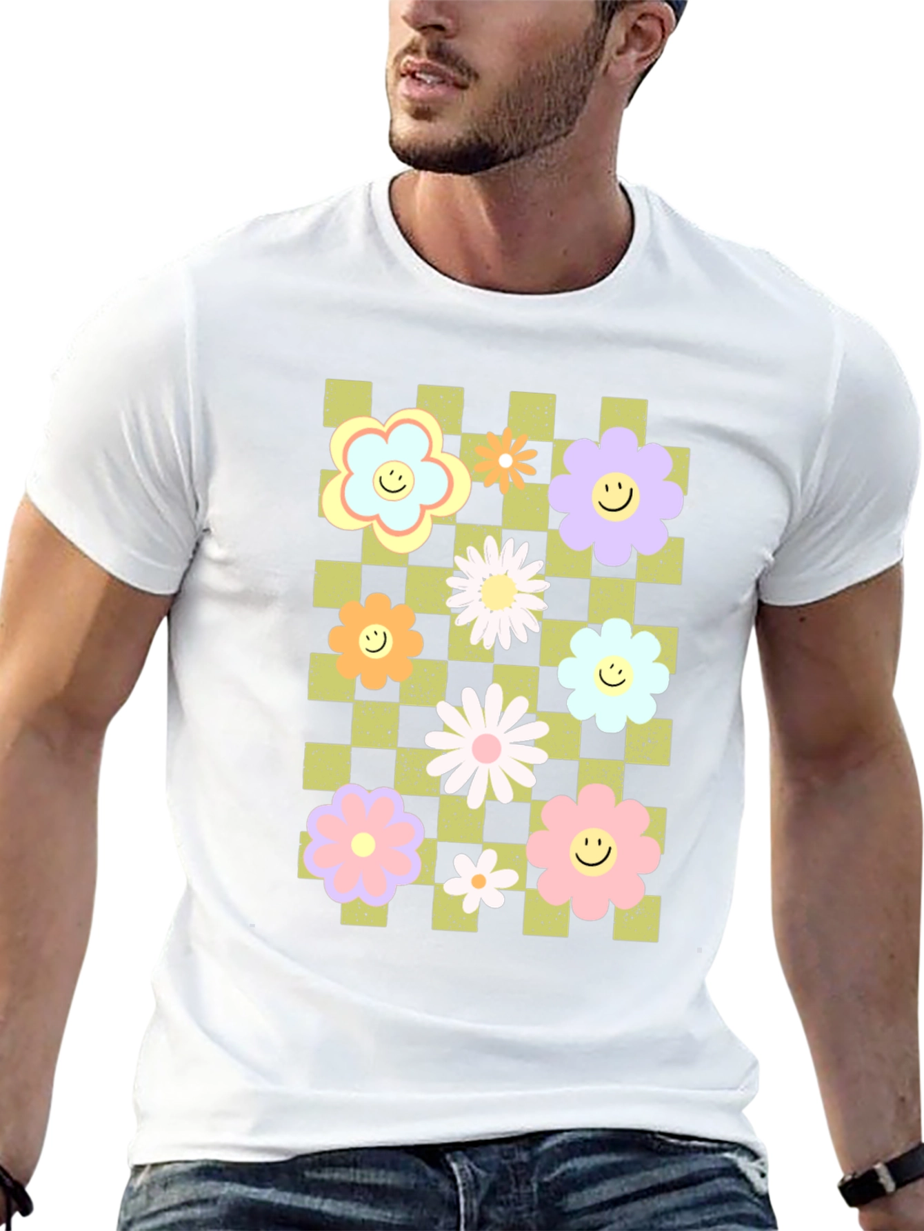 Retro Floral Checkered Smile T-Shirt
