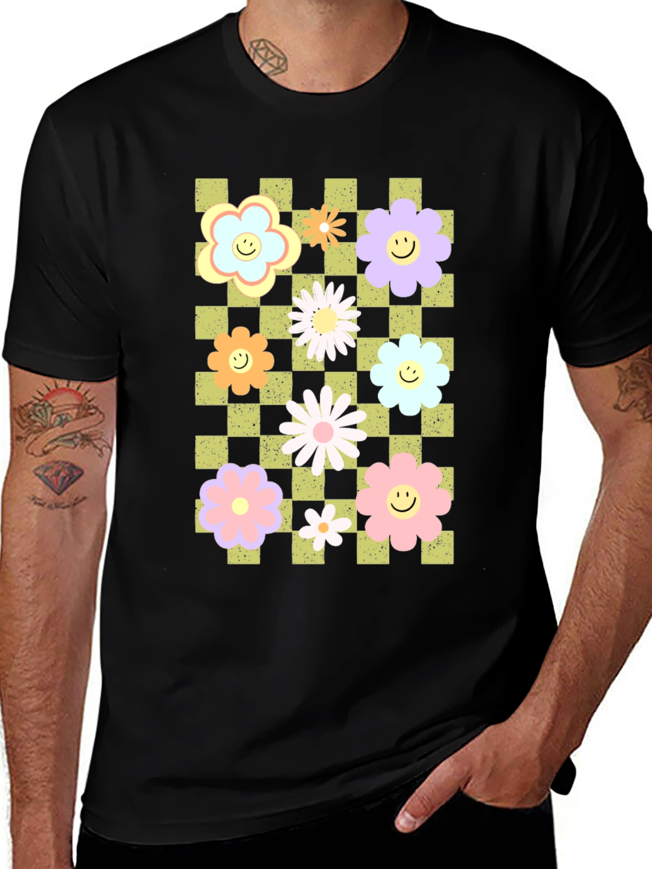 Retro Floral Checkered Smile T-Shirt