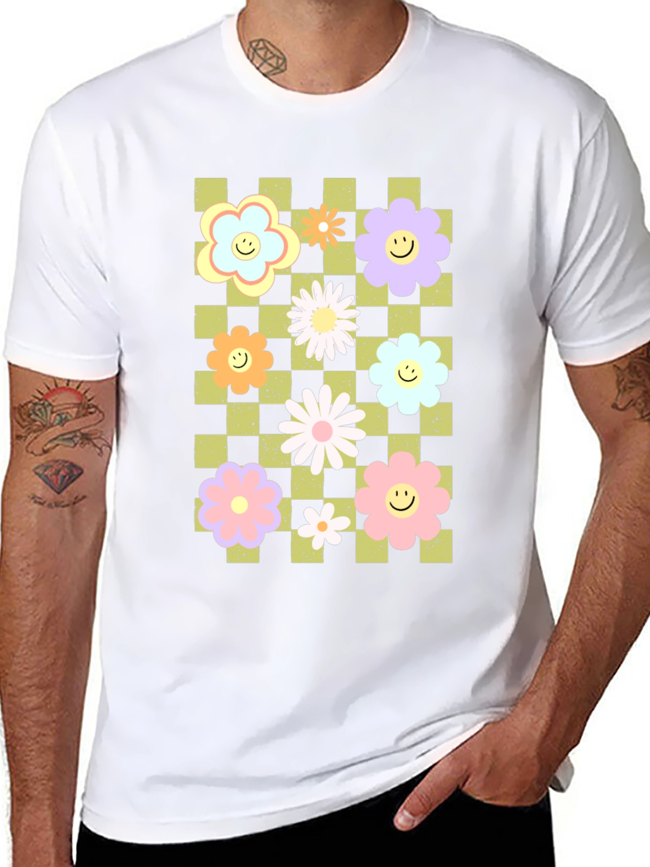 Retro Floral Checkered Smile T-Shirt
