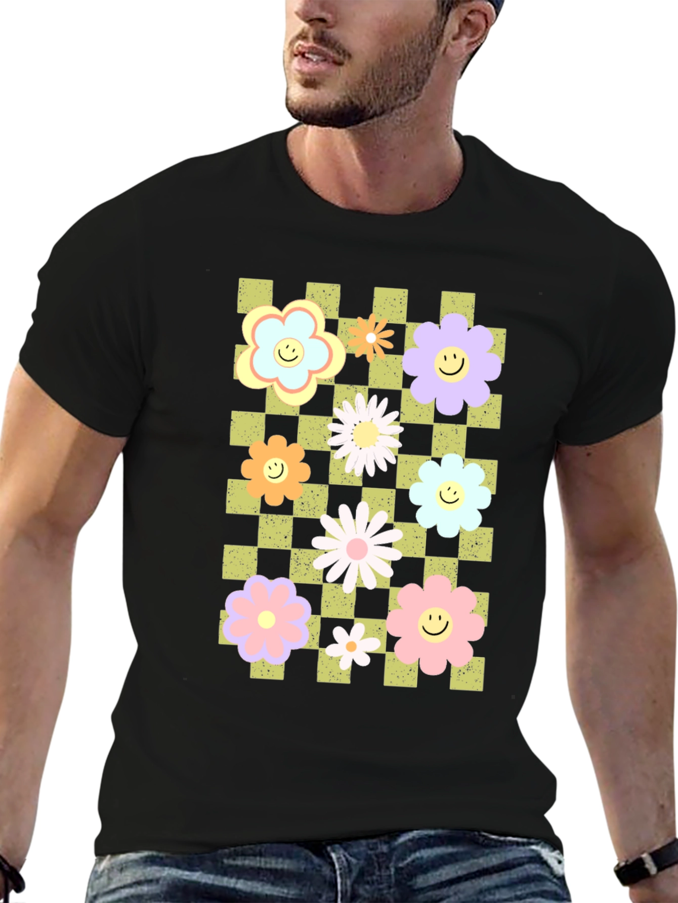 Retro Floral Checkered Smile T-Shirt