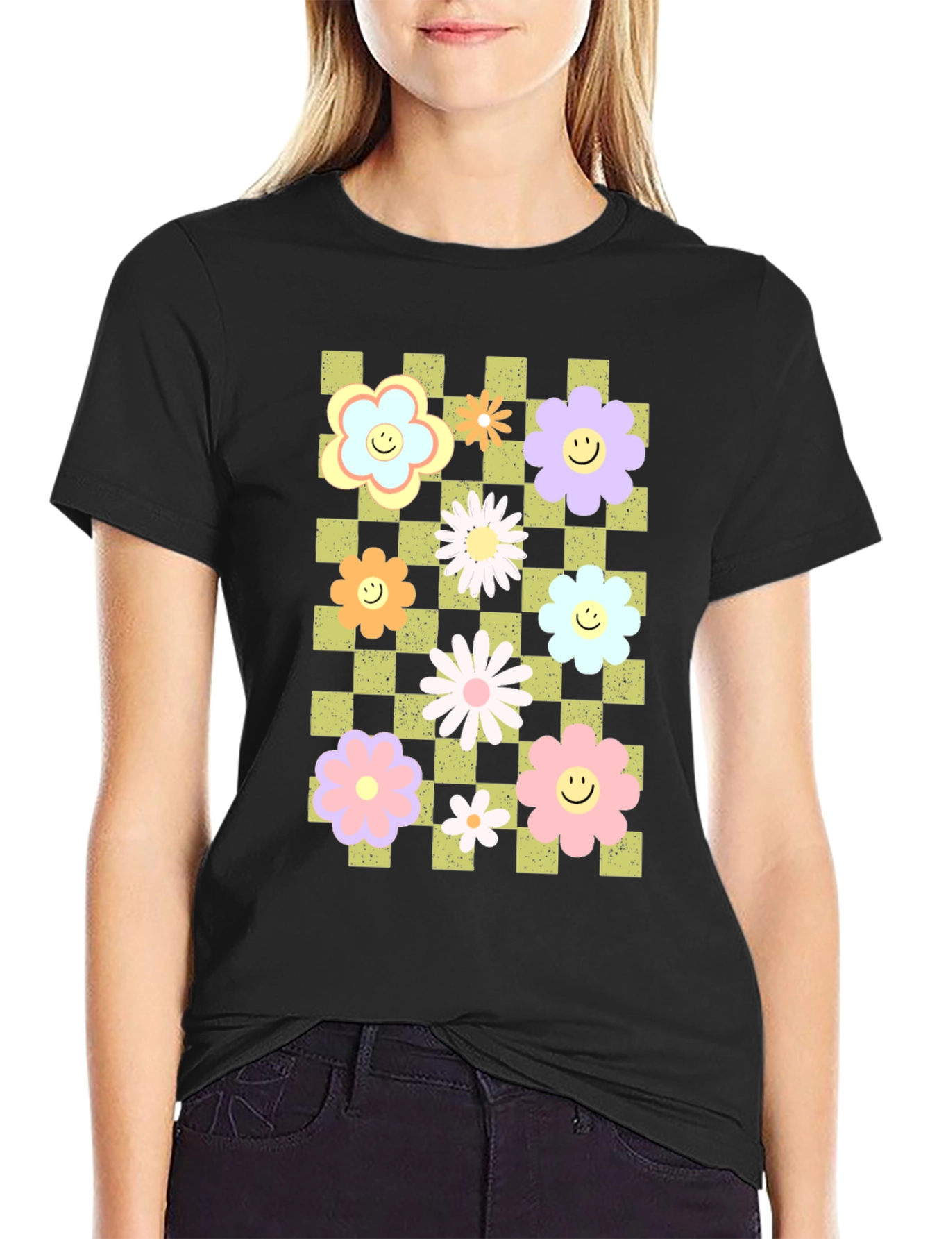 Retro Floral Checkered Smile T-Shirt