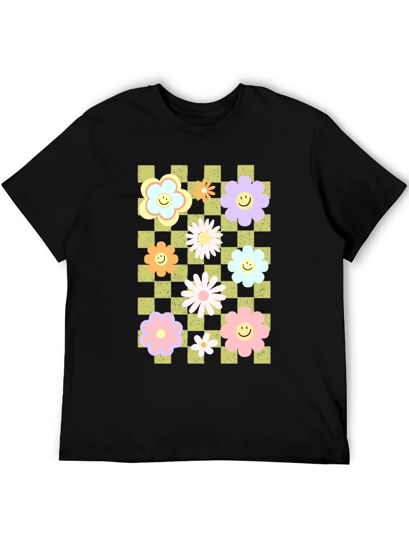 Retro Floral Checkered Smile T-Shirt