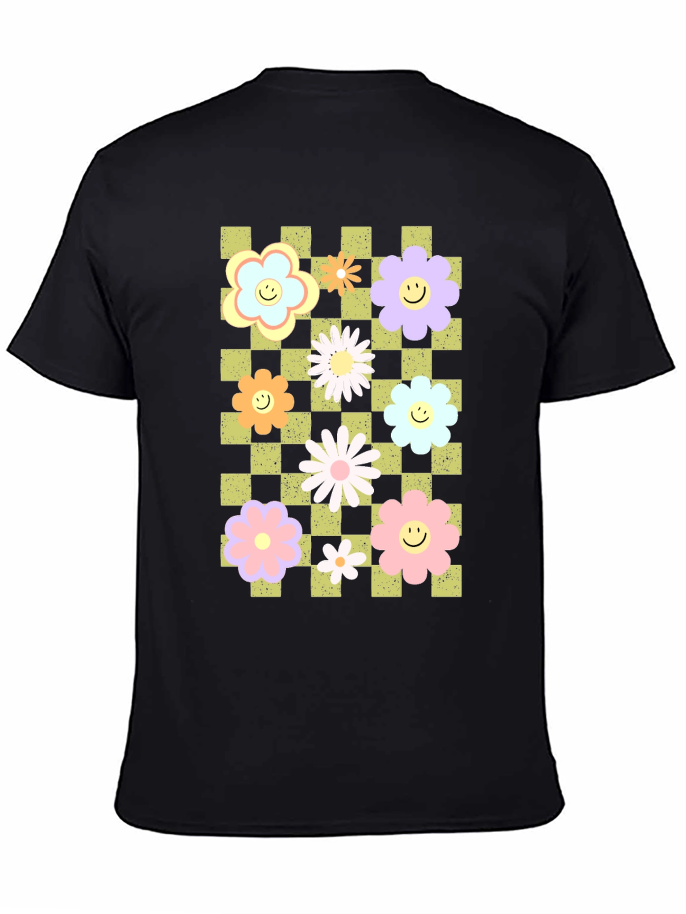 Retro Floral Checkered Smile T-Shirt