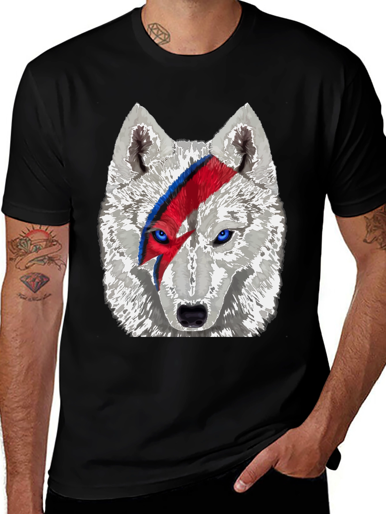Wolf Bowie Style Graphic Tee - Mens Black T-Shirt