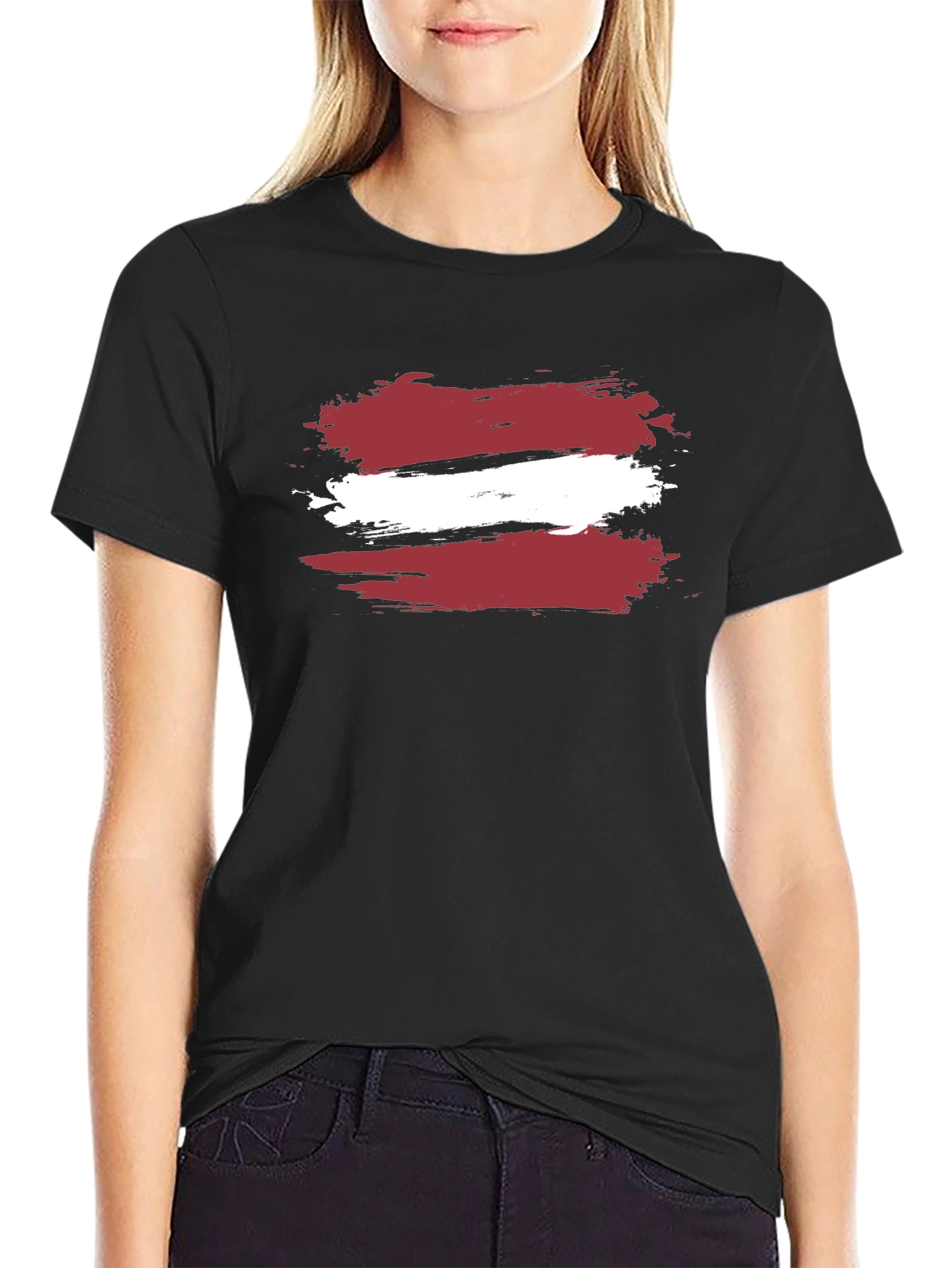 Latvia Flag Brushstroke T-Shirt - Black Casual Style