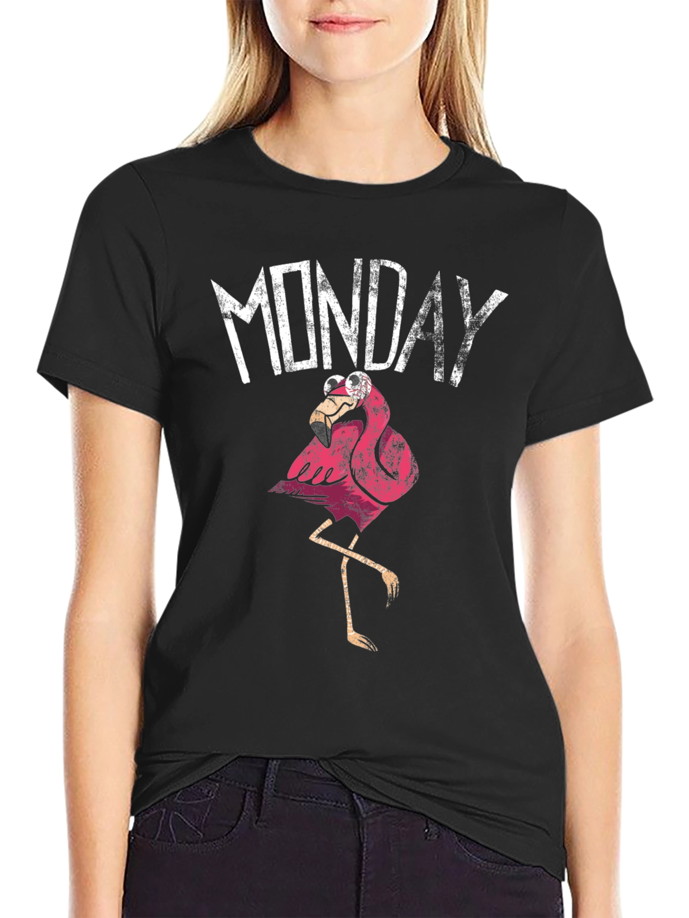 Funny Monday Flamingo Graphic T-Shirt - Black