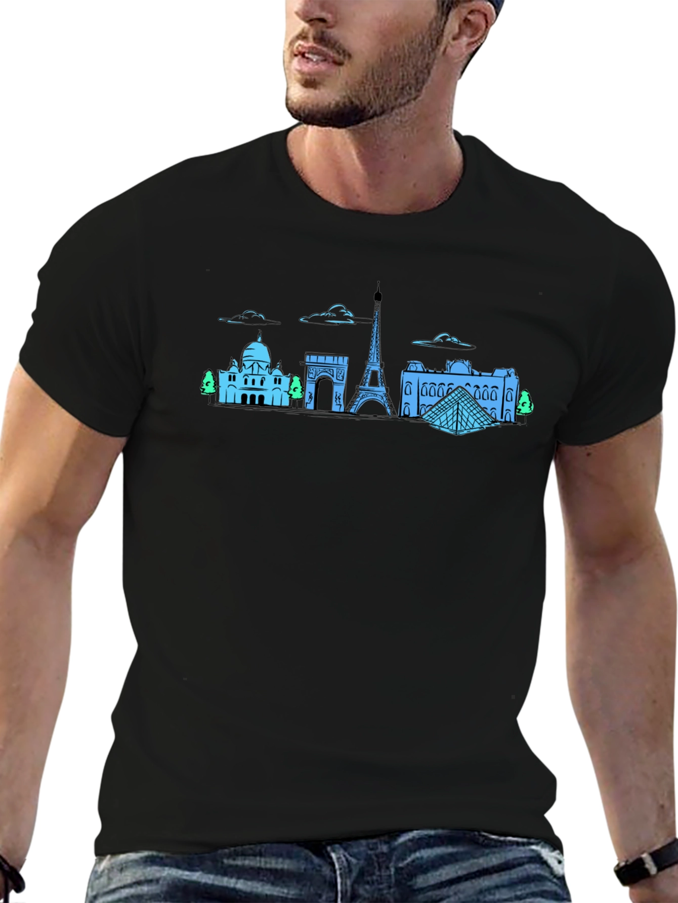 Paris Skyline Graphic Tee - Black Cotton T-Shirt