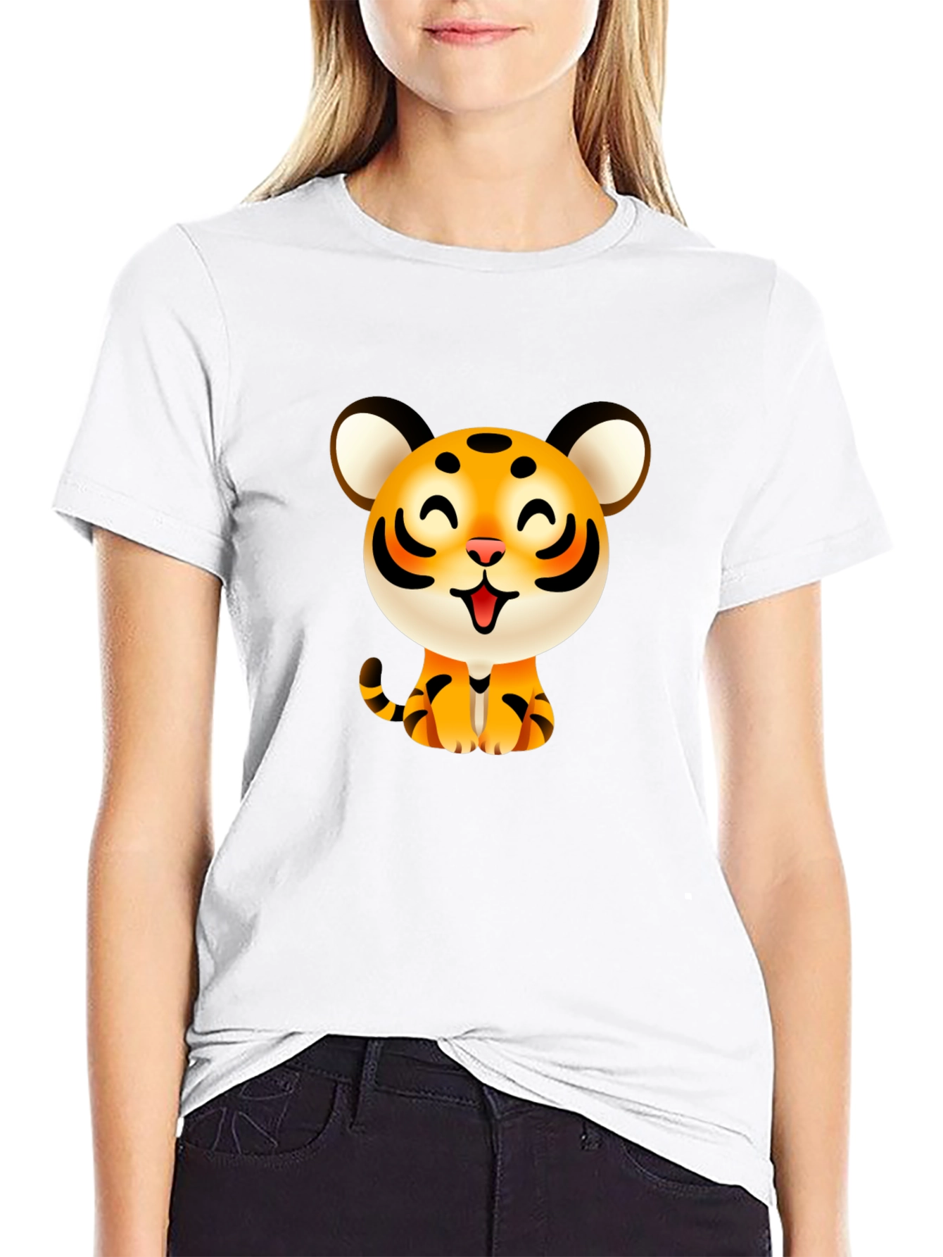 Cute Cartoon Tiger Graphic Tee - Black