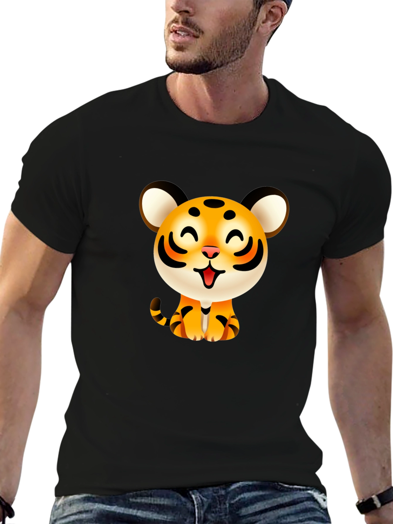 Cute Cartoon Tiger Graphic Tee - Black