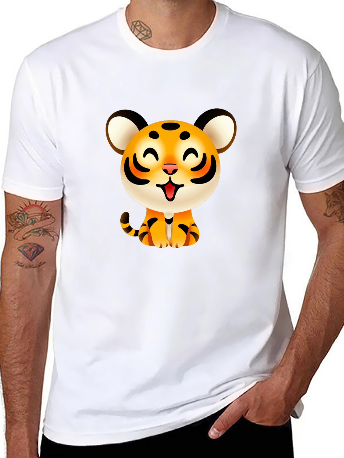 Cute Cartoon Tiger Graphic Tee - Black