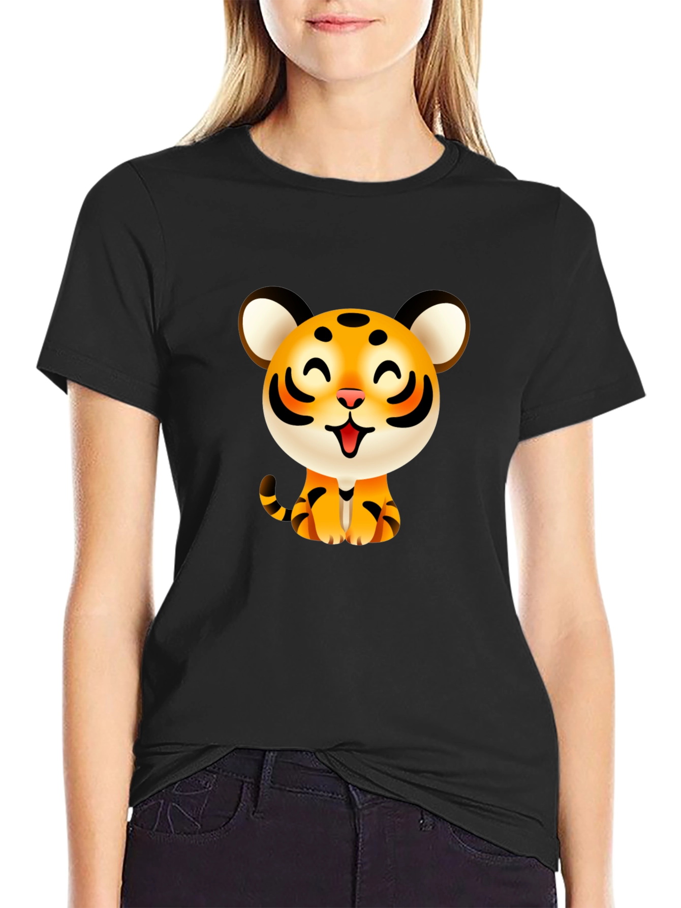Cute Cartoon Tiger Graphic Tee - Black