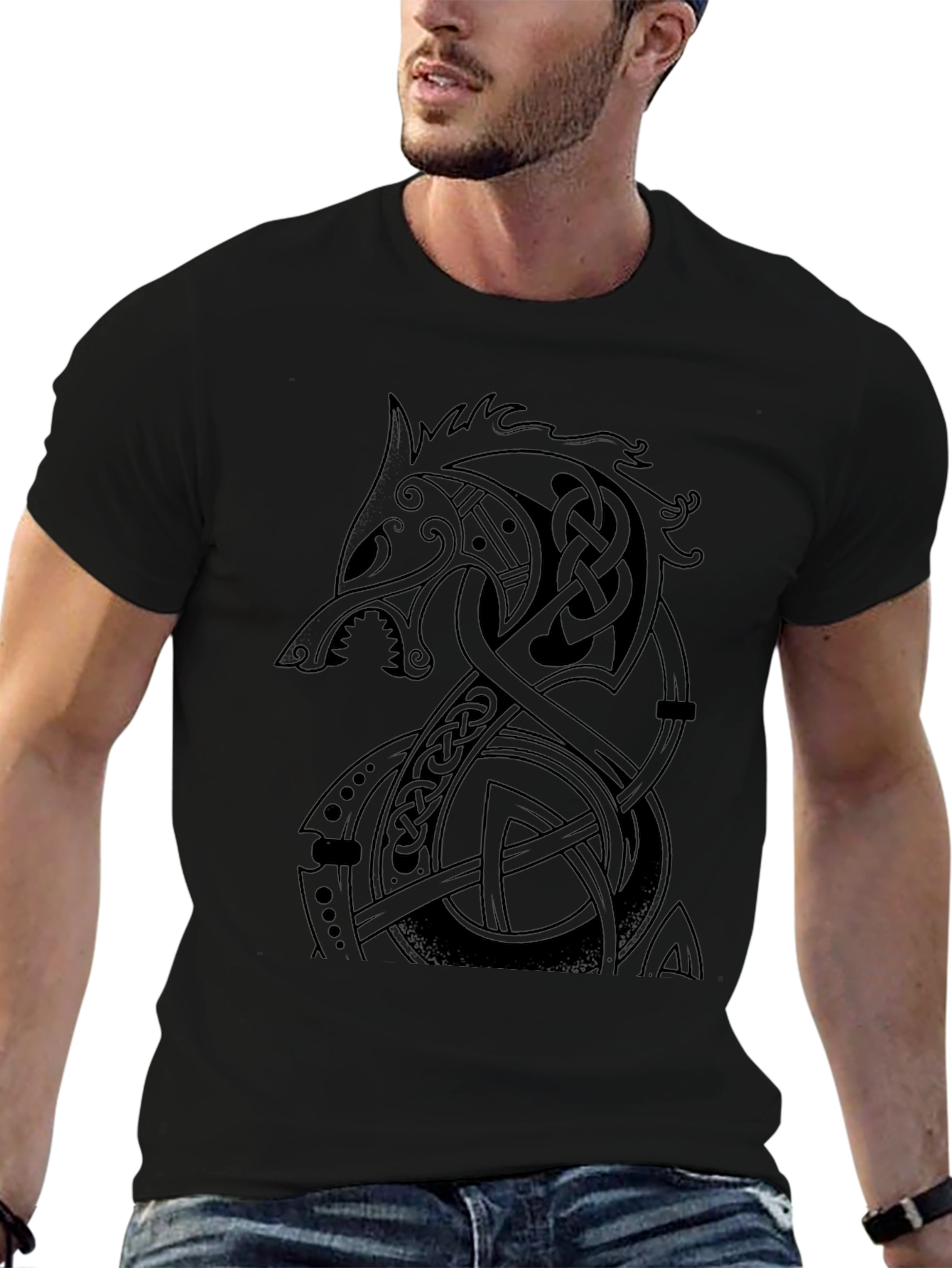 Mens Black Viking Fenrir Wolf T-Shirt