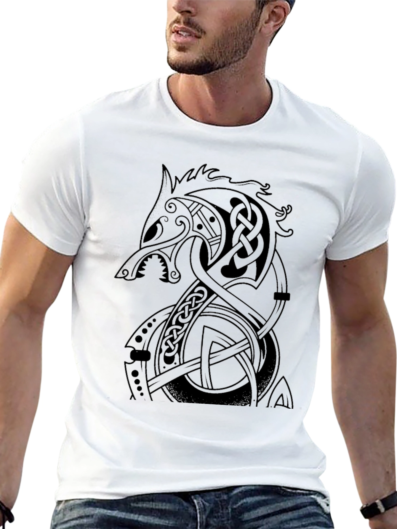 Mens Black Viking Fenrir Wolf T-Shirt