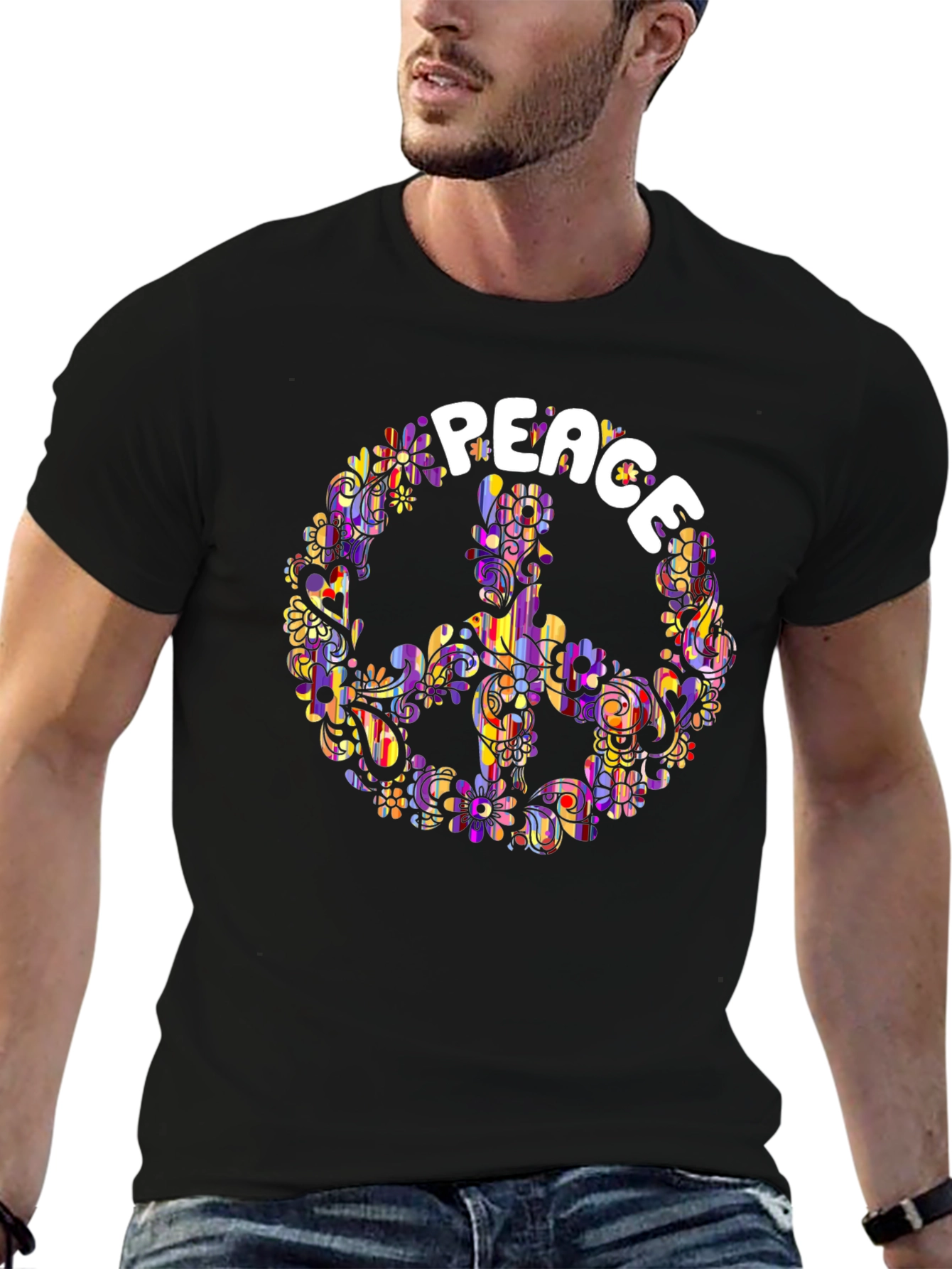 Peace Sign T-Shirt - Retro Floral Hippie Design