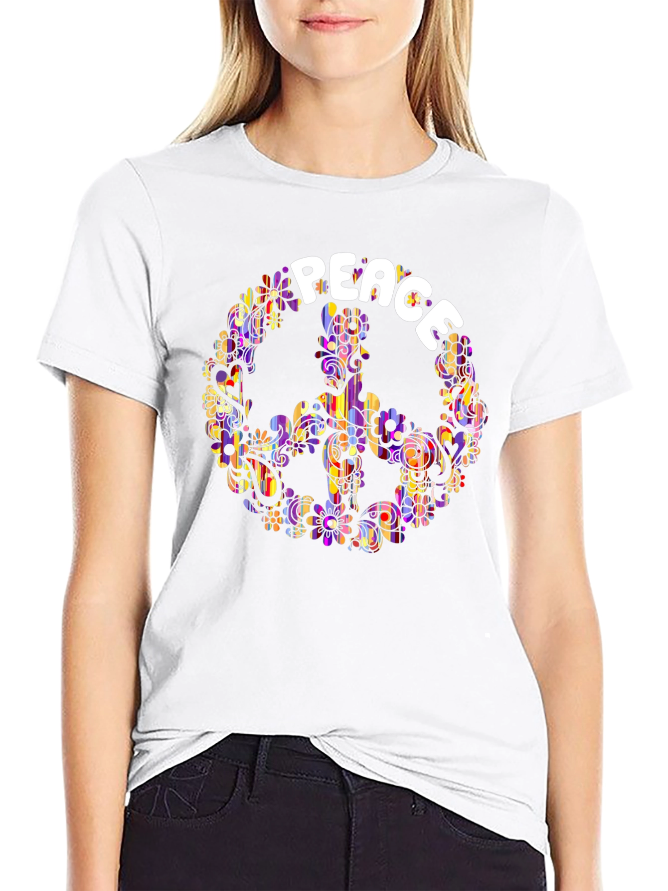Peace Sign T-Shirt - Retro Floral Hippie Design