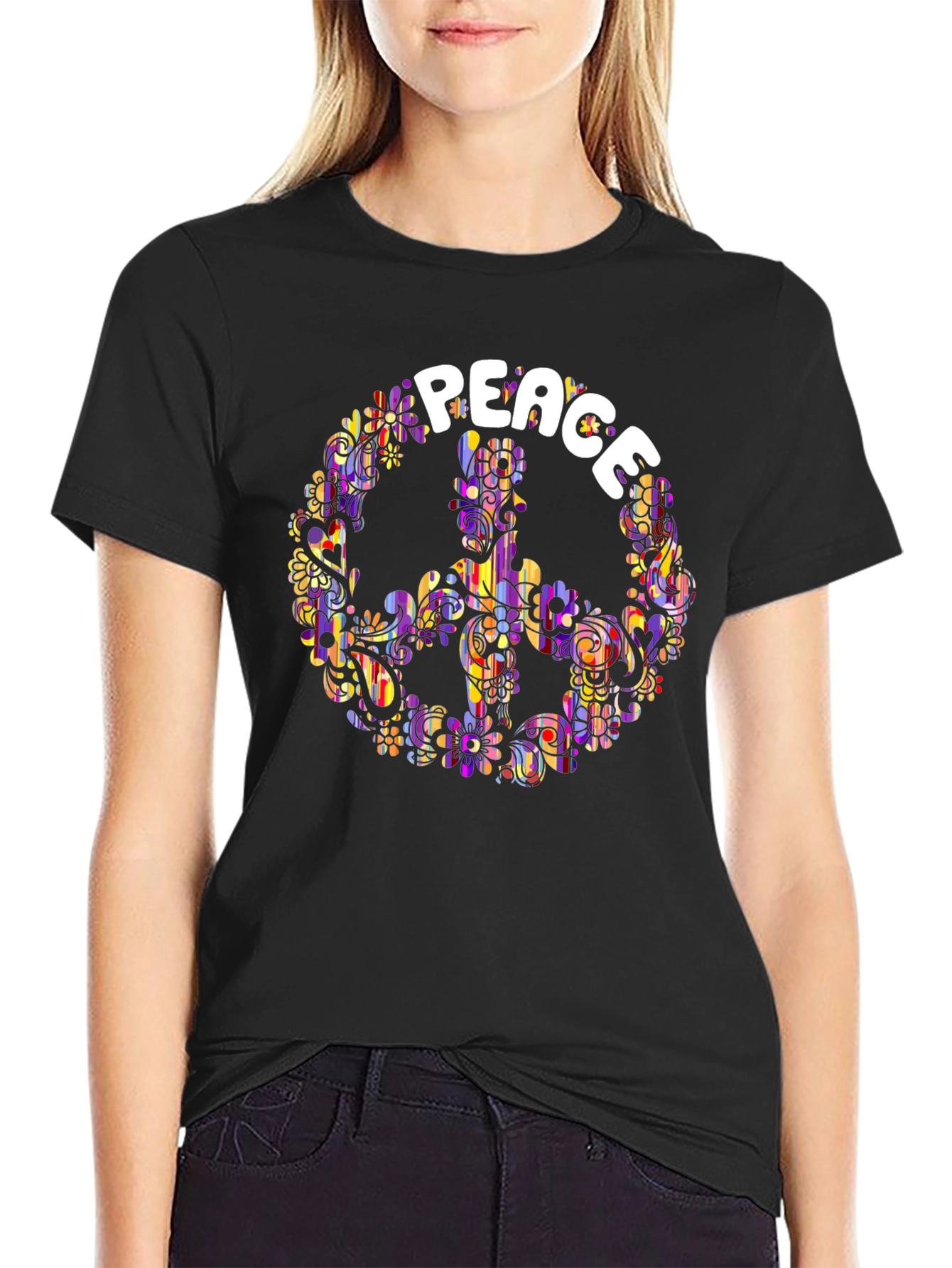 Peace Sign T-Shirt - Retro Floral Hippie Design