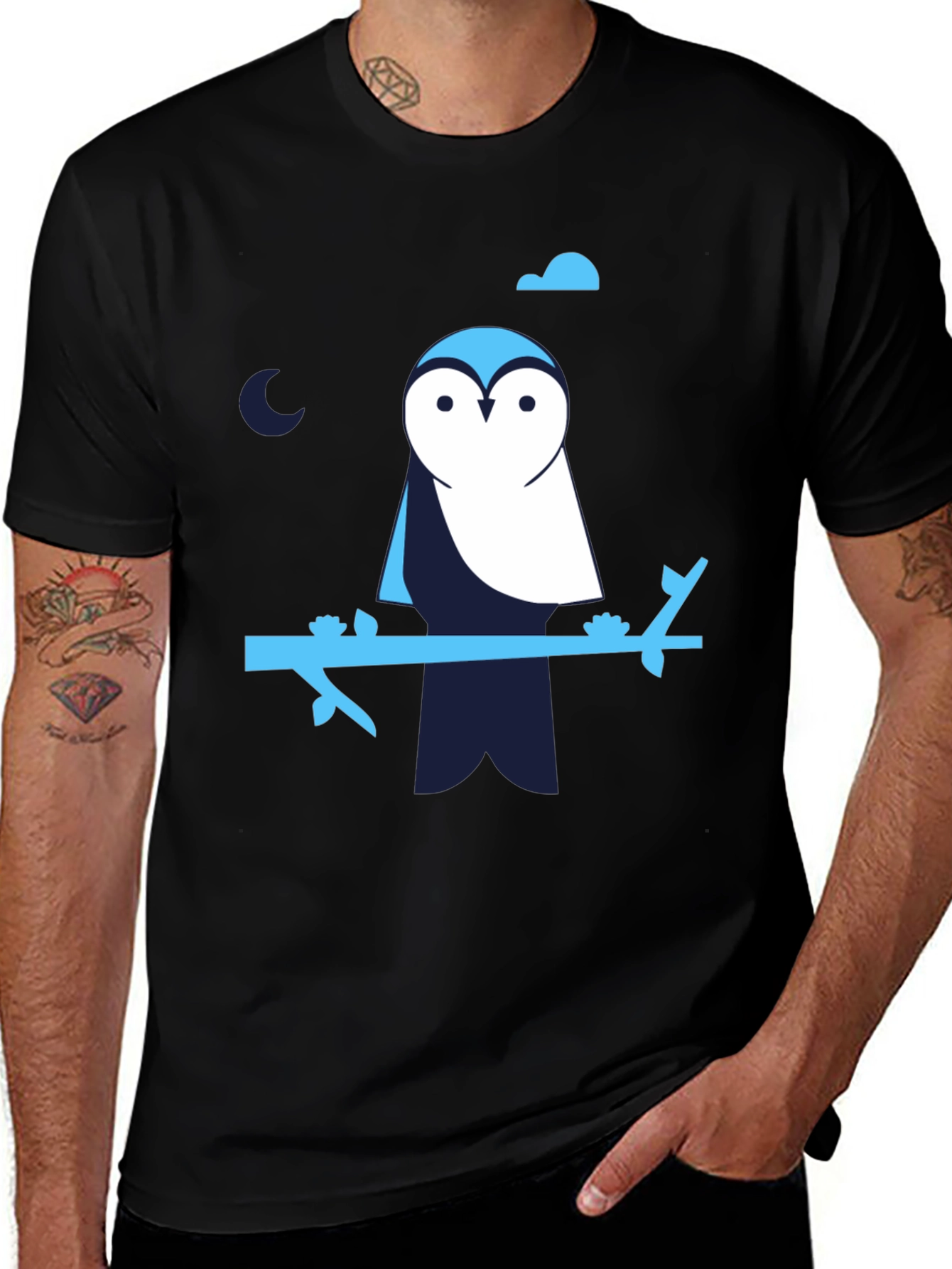 Owl on Branch Graphic Print Black T-Shirt