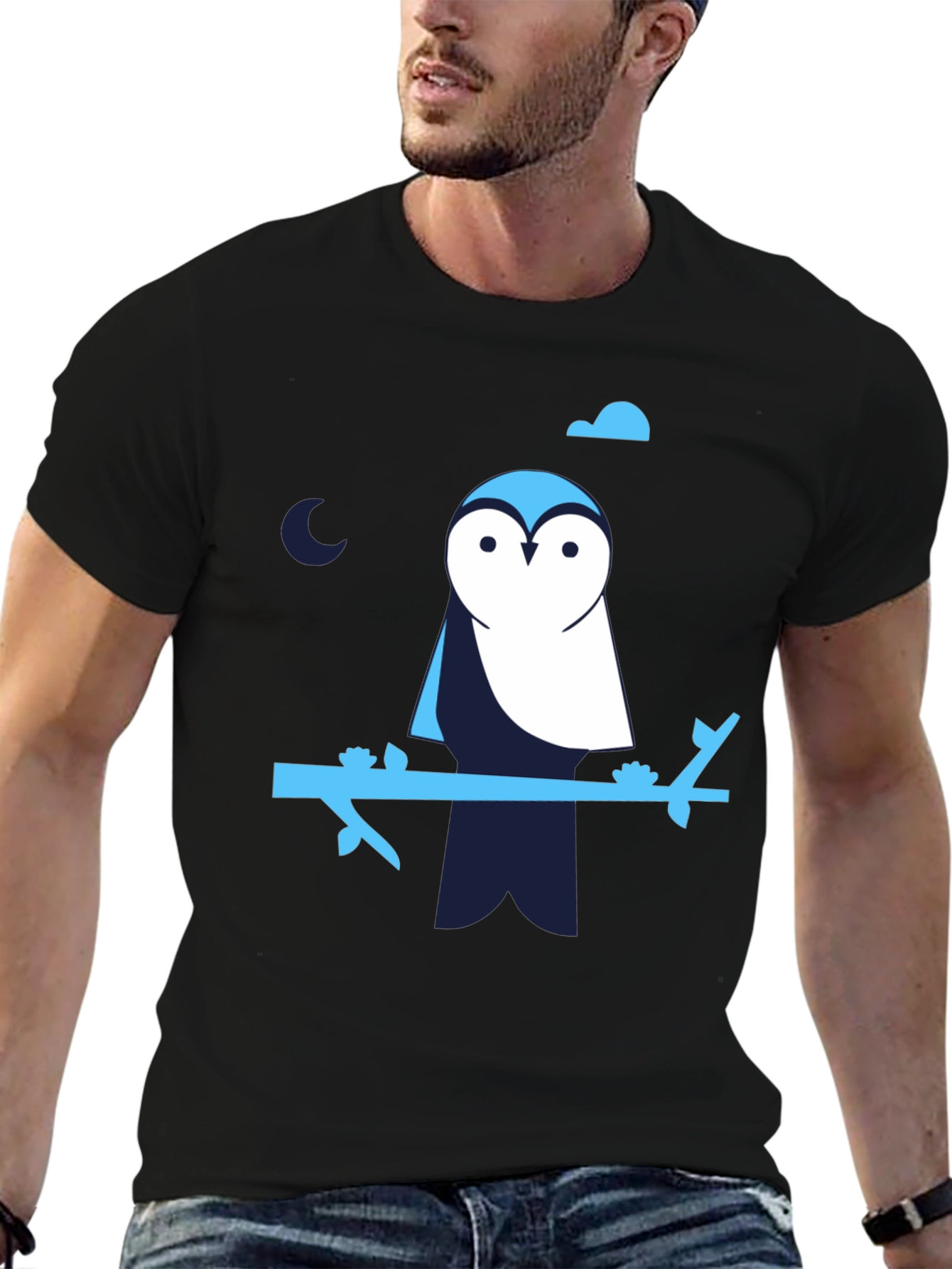 Owl on Branch Graphic Print Black T-Shirt