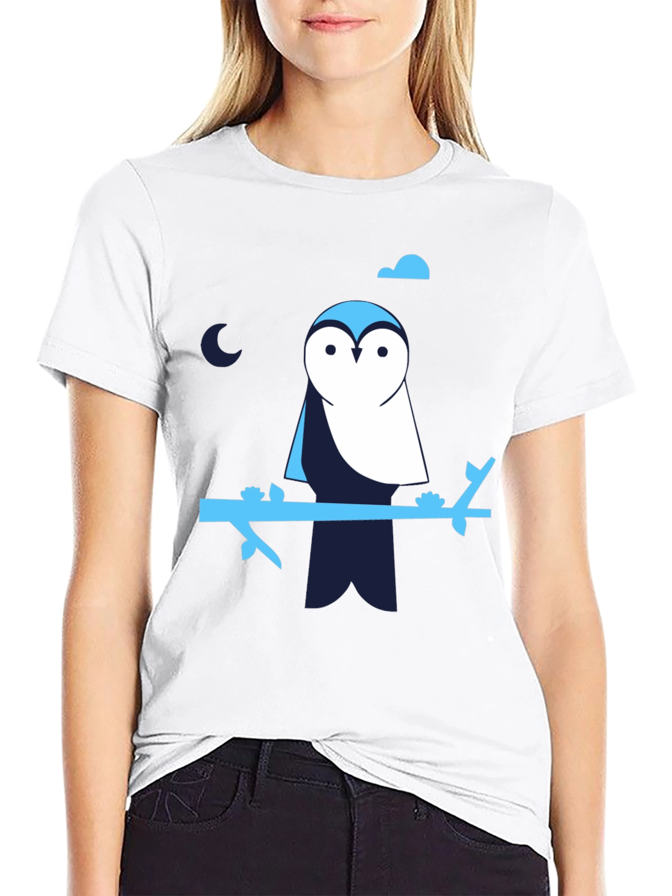 Owl on Branch Graphic Print Black T-Shirt