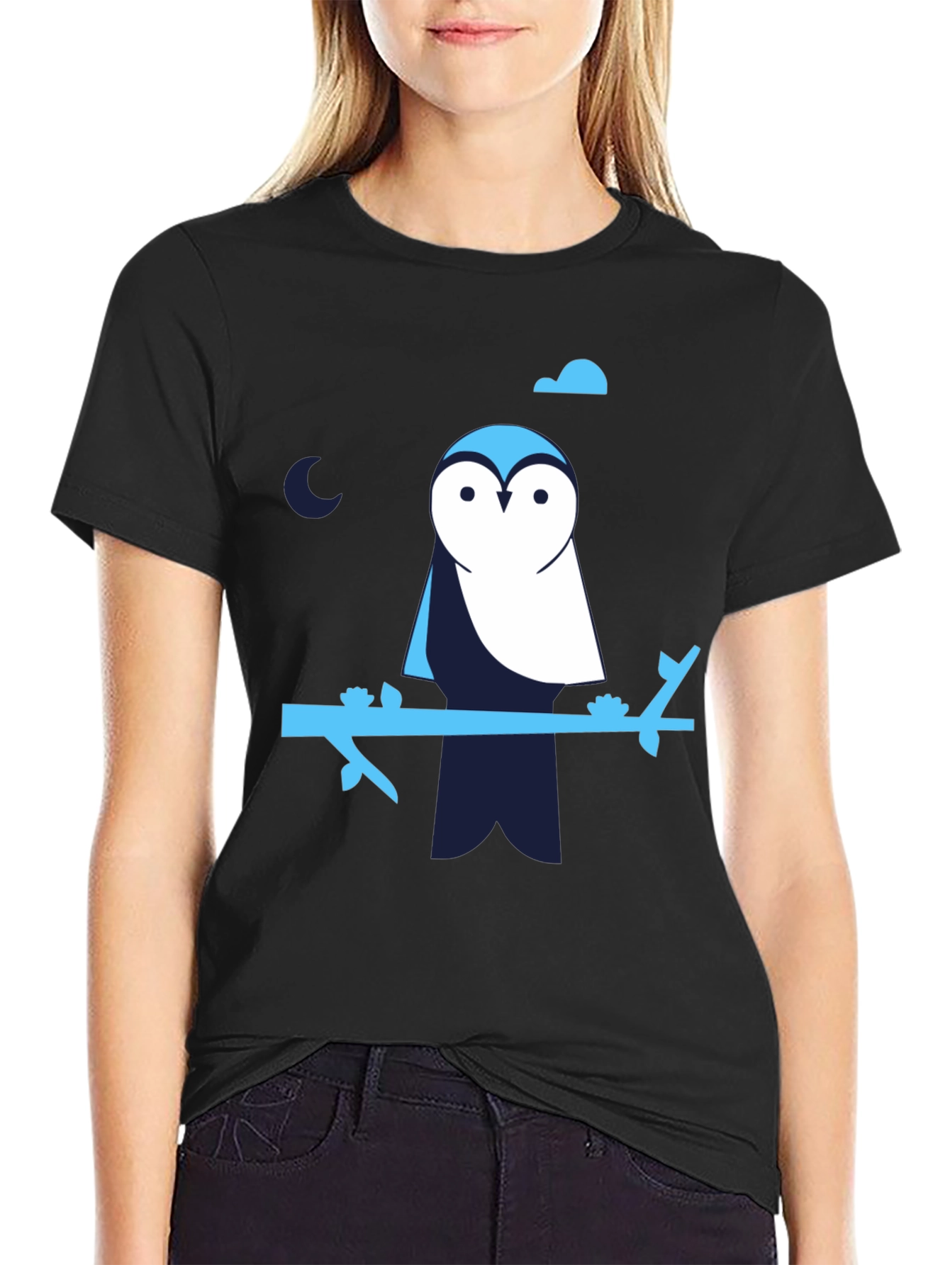 Owl on Branch Graphic Print Black T-Shirt