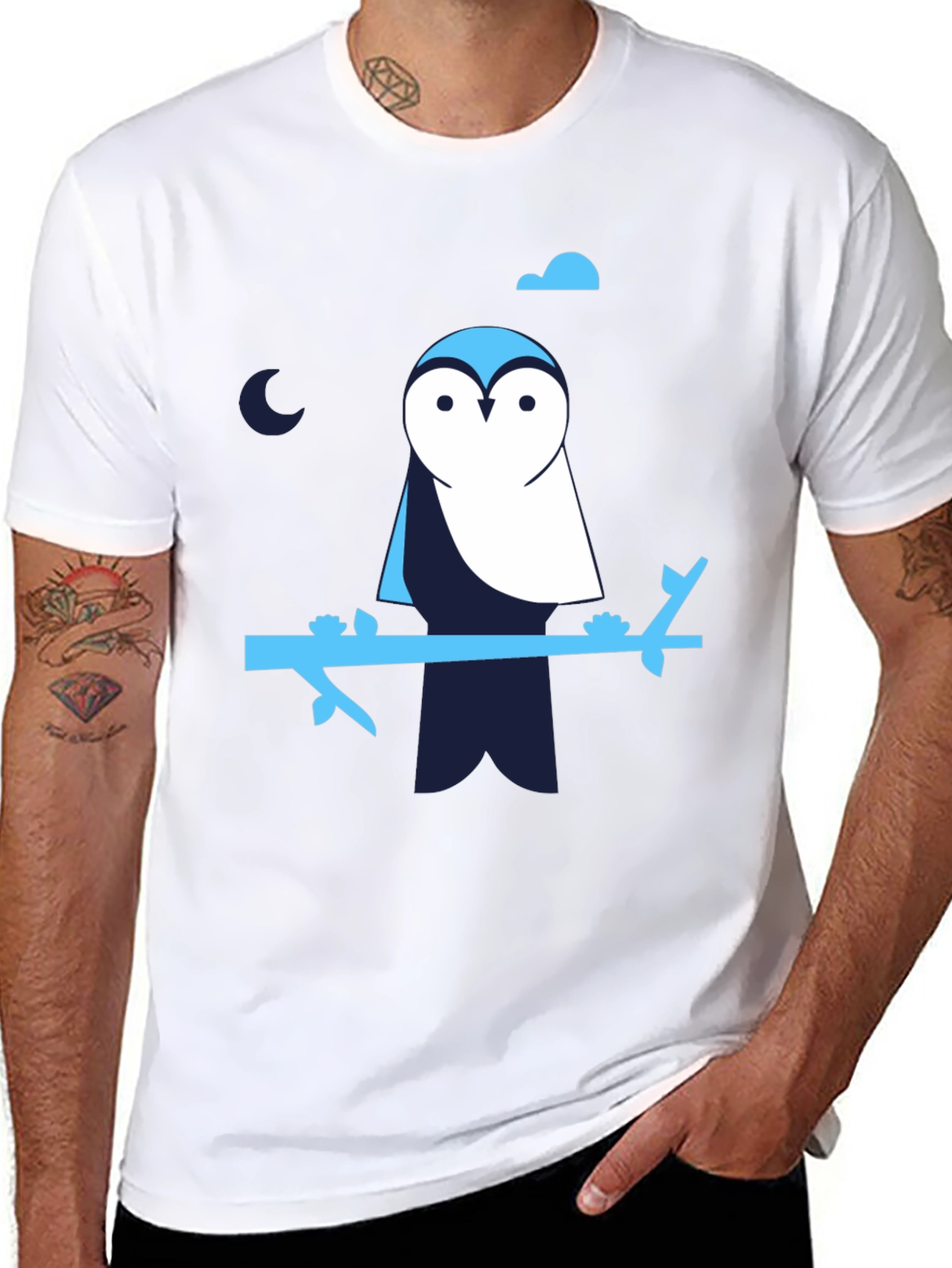 Owl on Branch Graphic Print Black T-Shirt