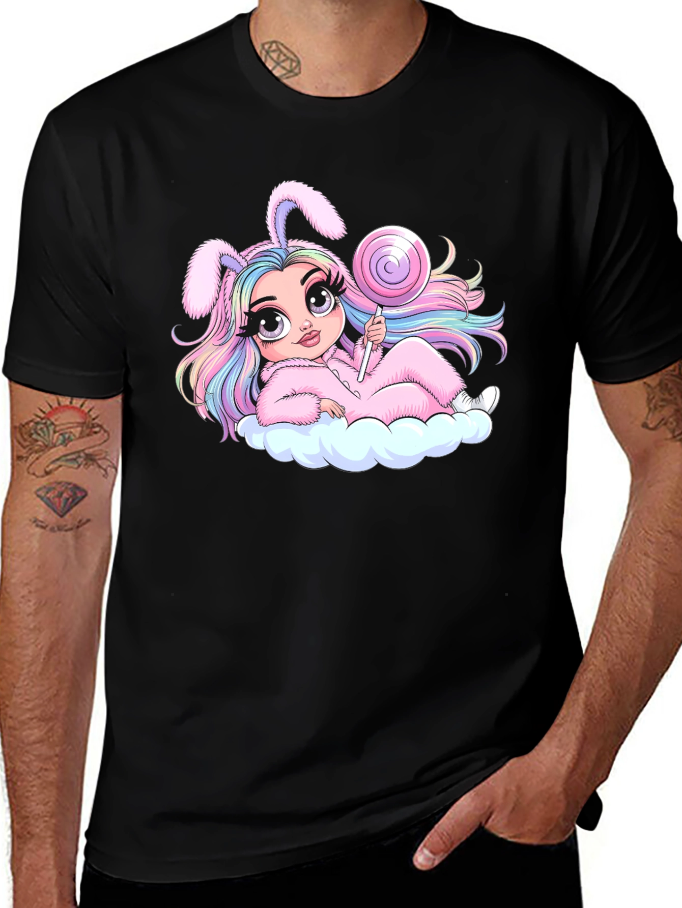 Kawaii Bunny Girl T-Shirt - Black Cotton Tee